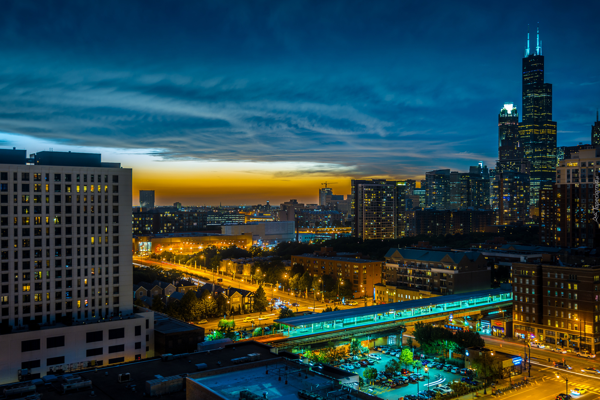 Stany Zjednoczone, Chicago, Drapacze chmur, Chmury, Miasto nocą