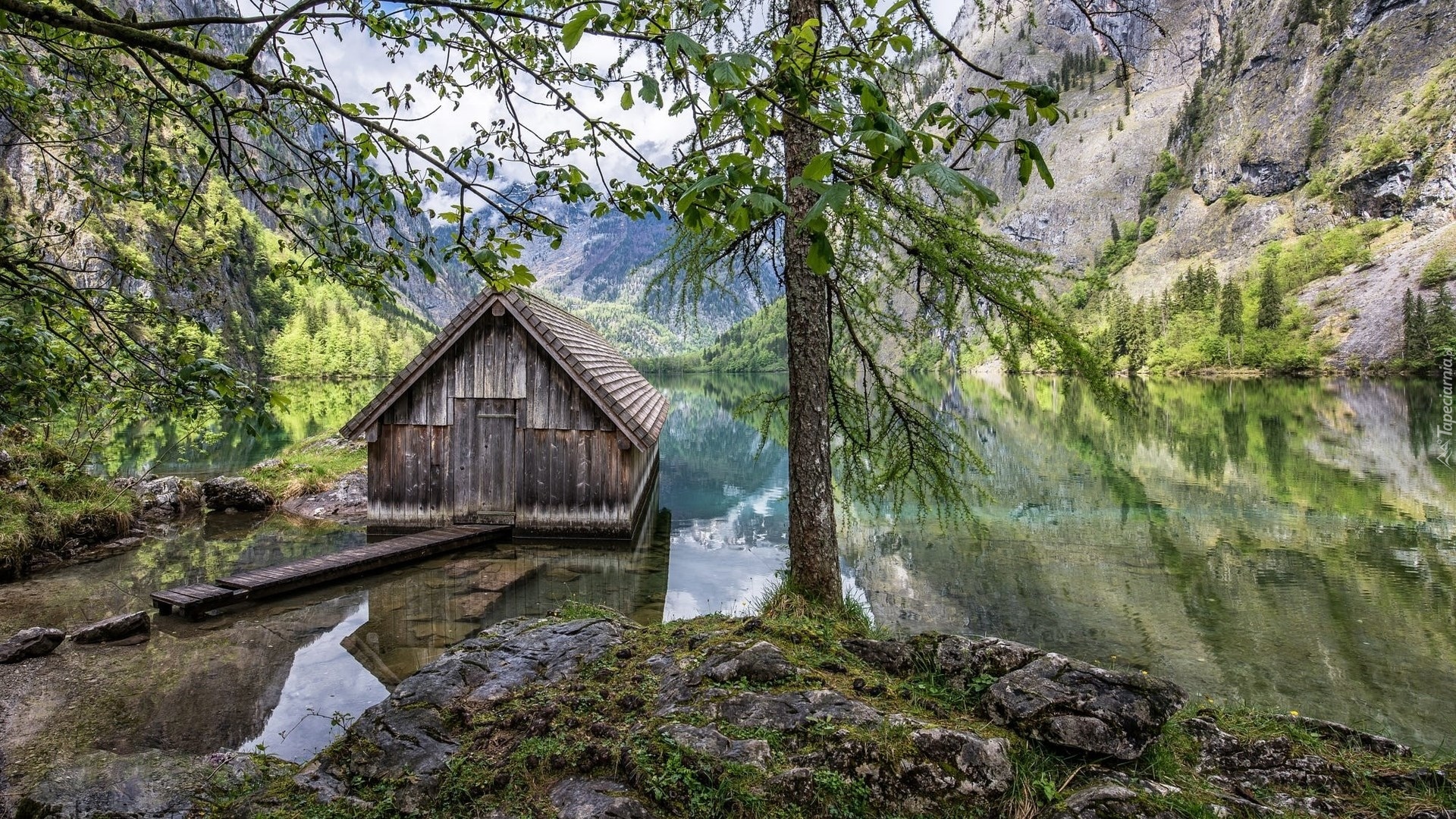 Jezioro Konigssee, Park Narodowy Berchtesgaden, Bawaria, Niemcy, Drewniana, Chata, Drzewo, Góry