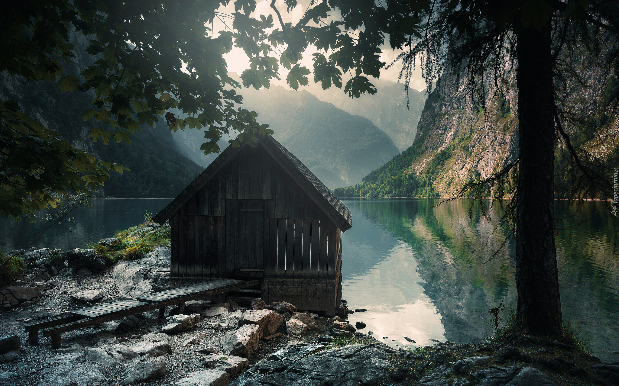 Góry, Drewniana, Chata, Jezioro Konigssee, Drzewa, Park Narodowy Berchtesgaden, Bawaria, Niemcy