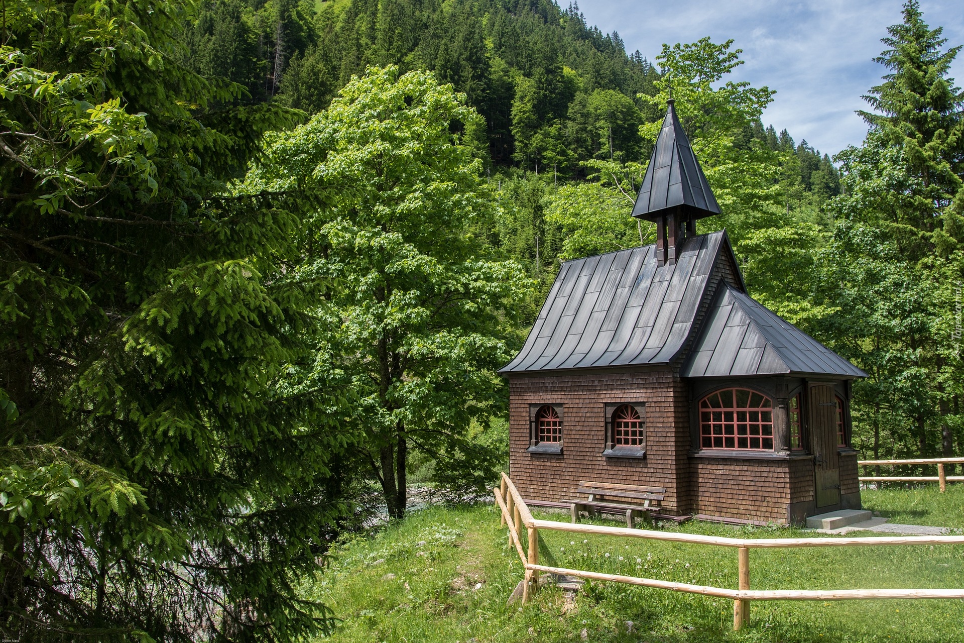 Kościół, Drzewa, Góry, Kaplica Hubertuskapelle, Bad Hindelang, Niemcy