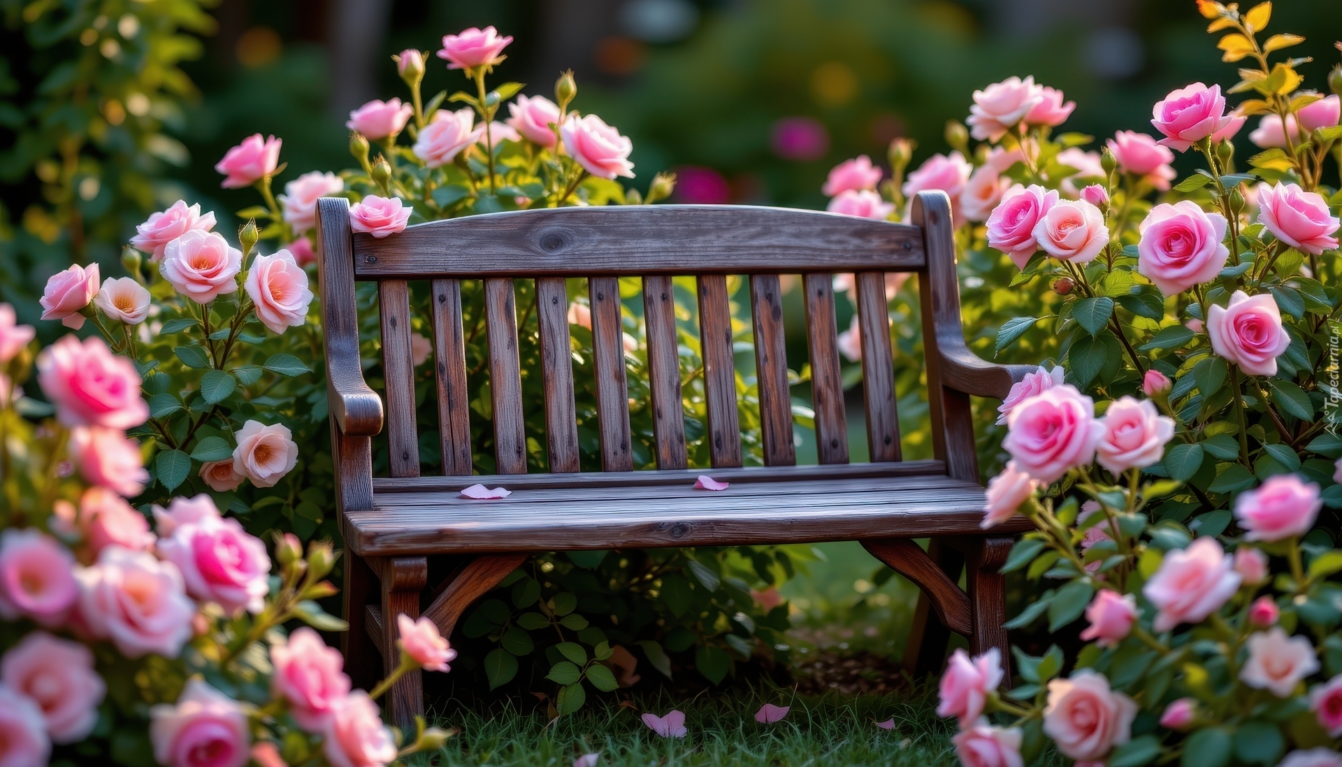 Ławka, Kwiaty, Róże, Różowe