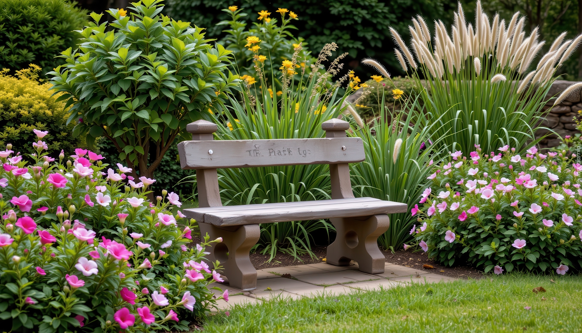 Ogród, Ławka, Kwitnące, Kwiaty, Trawa, Krzewy, AI, Rośliny
