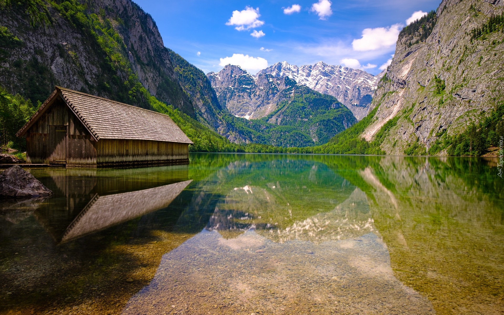 Jezioro Obersee, Drewniany, Domek, Szopa, Góry Alpy, Park Narodowy Berchtesgaden, Bawaria, Niemcy