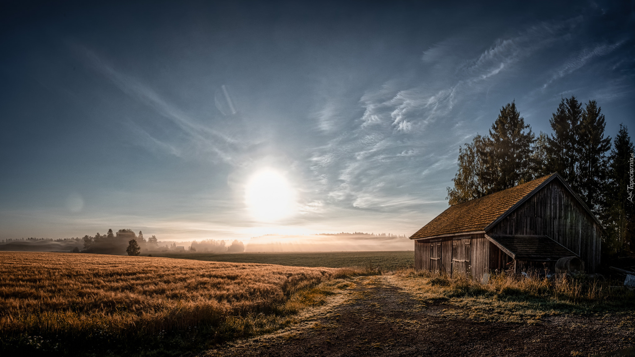 Drewniana, Szopa, Wschód słońca, Pola