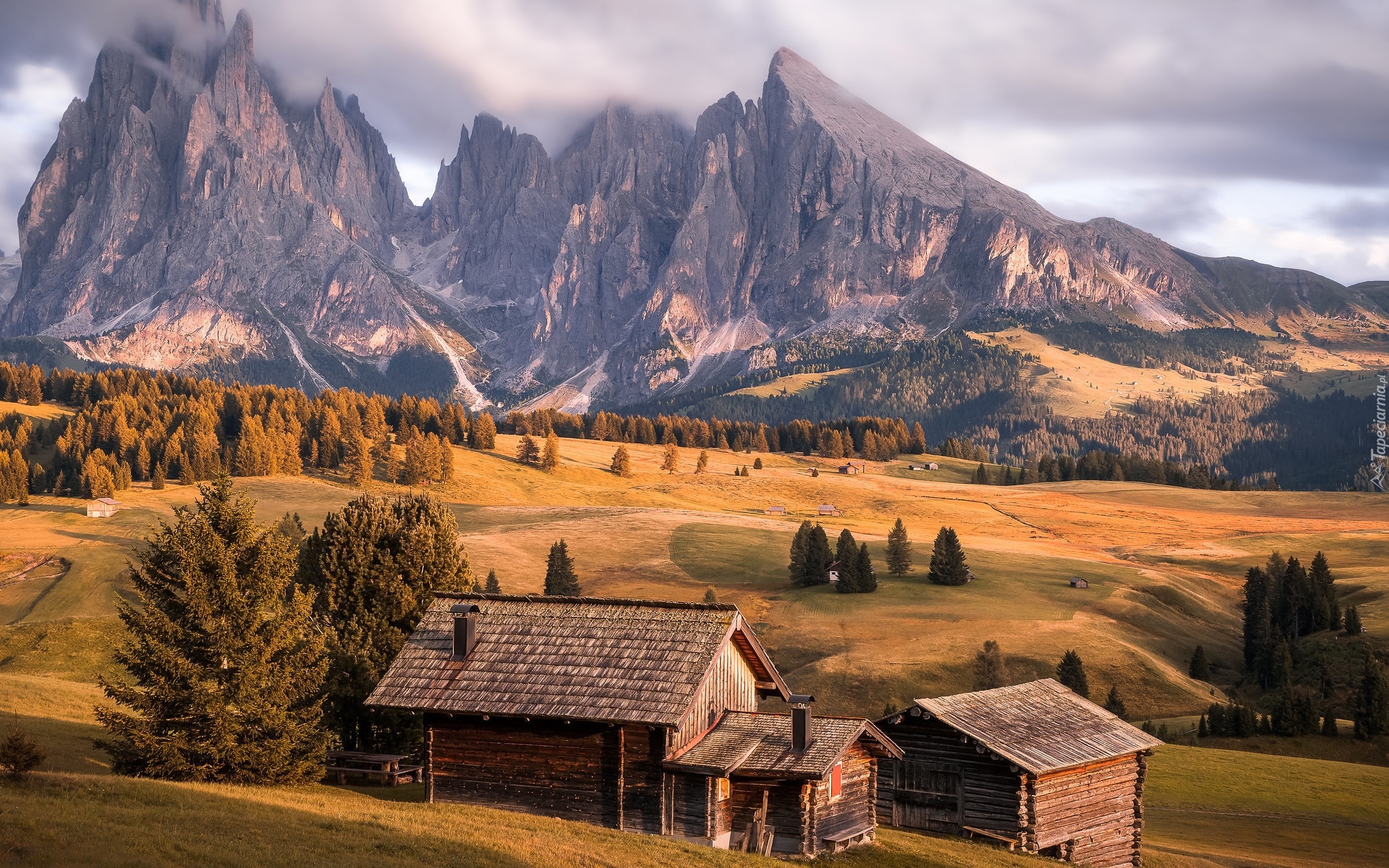 Dolomity, Góry, Sassolungo, Płaskowyż, Seiser Alm, Dolina, Val Gardena, Drzewa, Drewniane, Domki, Włochy