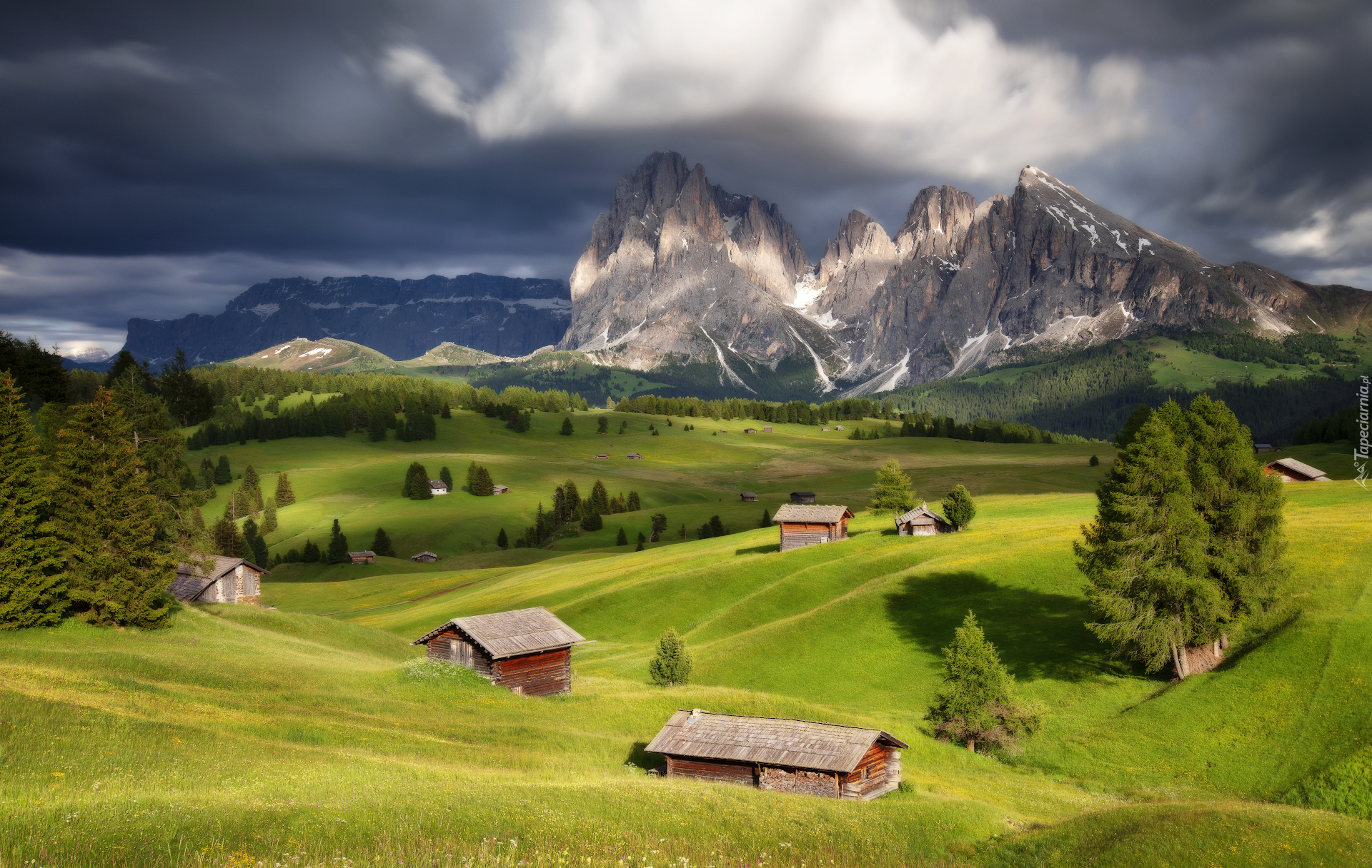 Płaskowyż Seiser Alm, Dolina Val Gardena, Dolomity, Góry Sassolungo, Mgła, Domy, Drzewa, Włochy