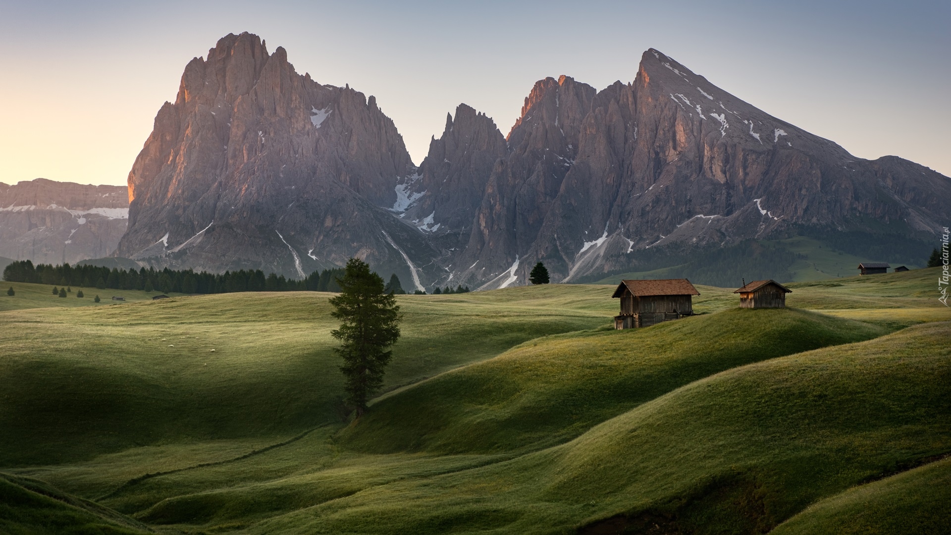 Włochy, Płaskowyż Seiser Alm, Dolina Val Gardena, Dolomity, Góry Sassolungo, Domki, Drzewa, Chmury