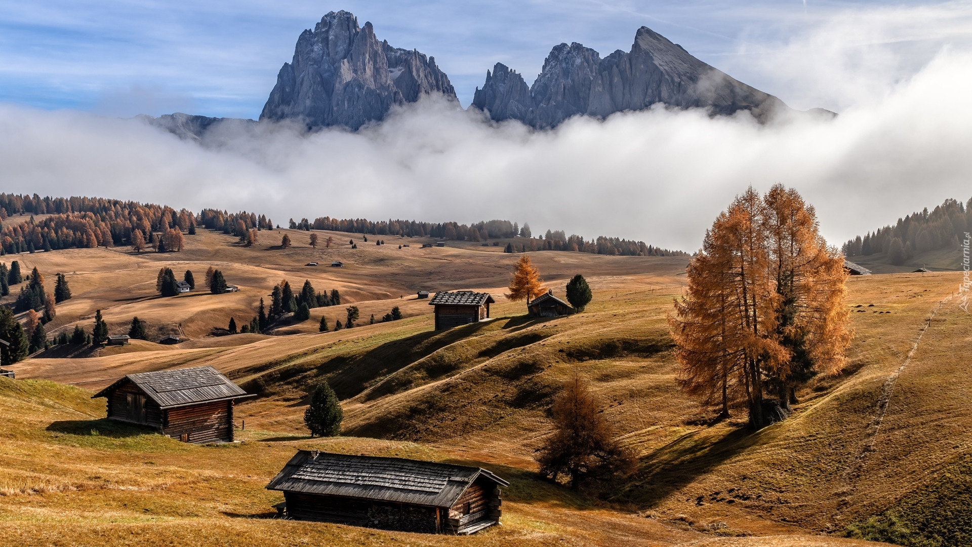 Włochy, Płaskowyż Seiser Alm, Dolina Val Gardena, Góry Sassolungo, Dolomity, Domy, Drzewa, Mgła, Jesień