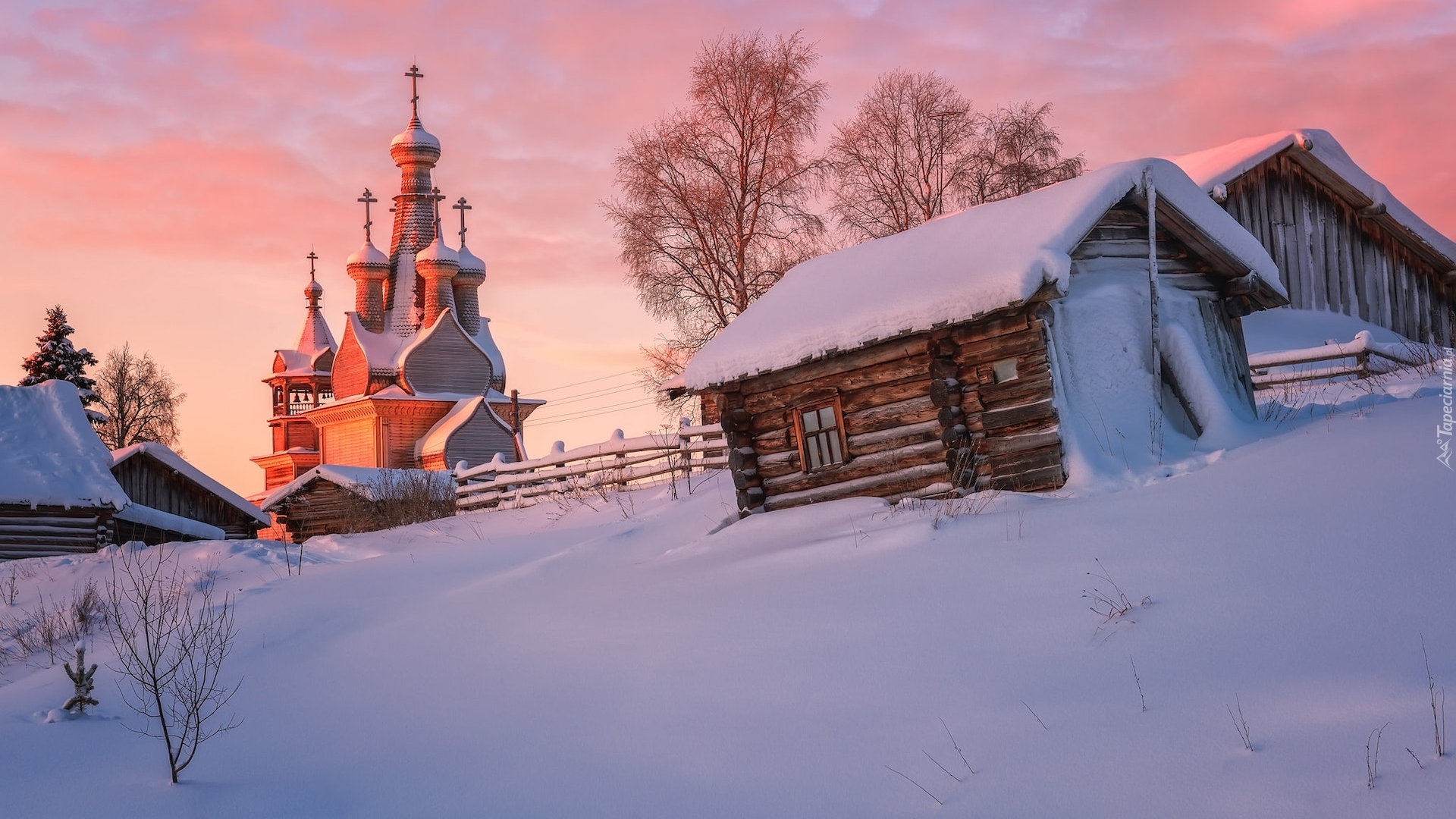 Cerkiew, Drewniane, Domy, Zima, Śnieg, Kimzha, Region archangielski, Rosja