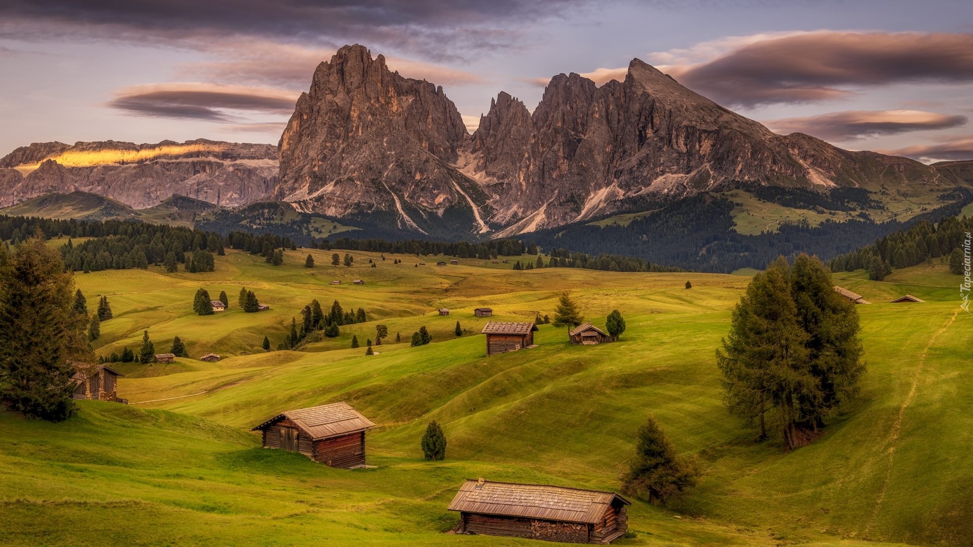 Dolomity, Góry, Sassolungo, Płaskowyż, Seiser Alm, Dolina, Val Gardena, Drzewa, Chmury, Drewniane, Domy, Włochy