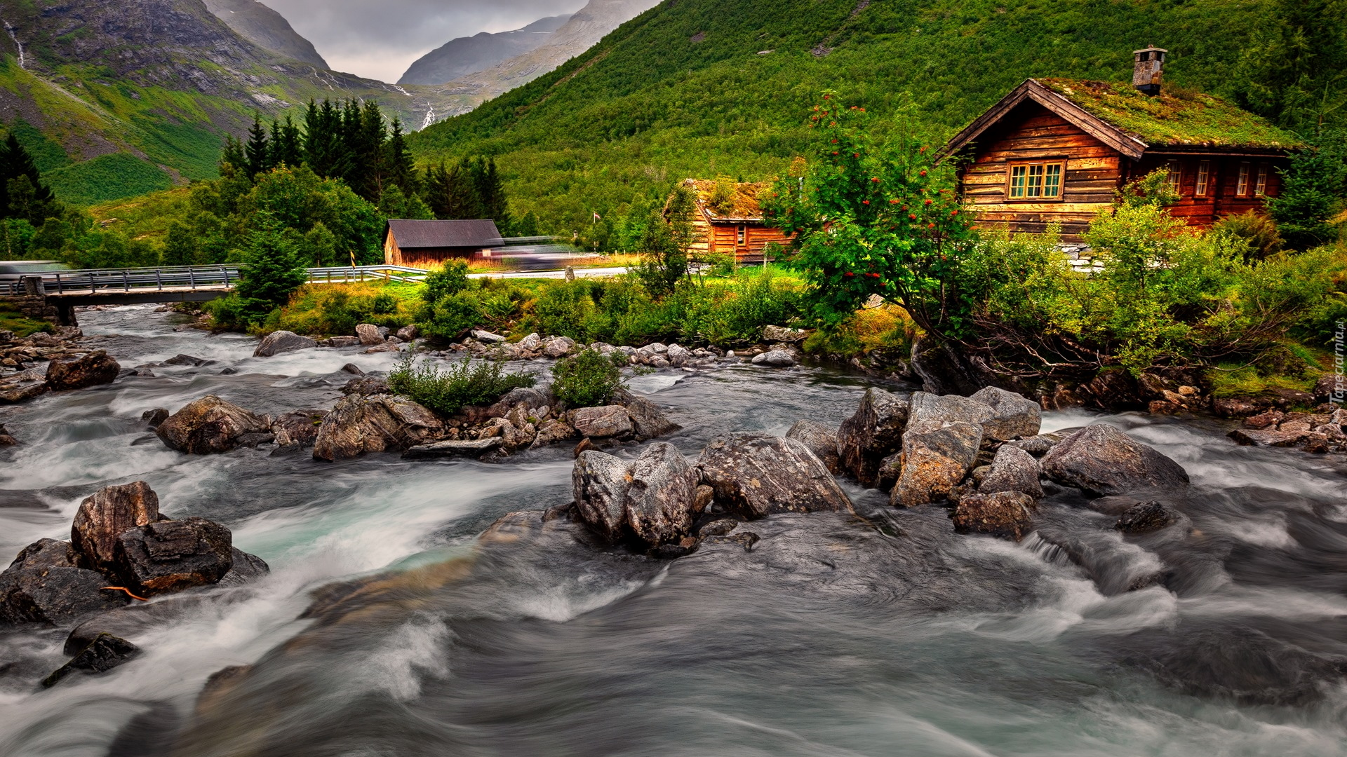 Góry, Drewniane, Domy, Most, Rzeka Rauma, Kamienie, Trollstigen, Gmina Rauma, Norwegia