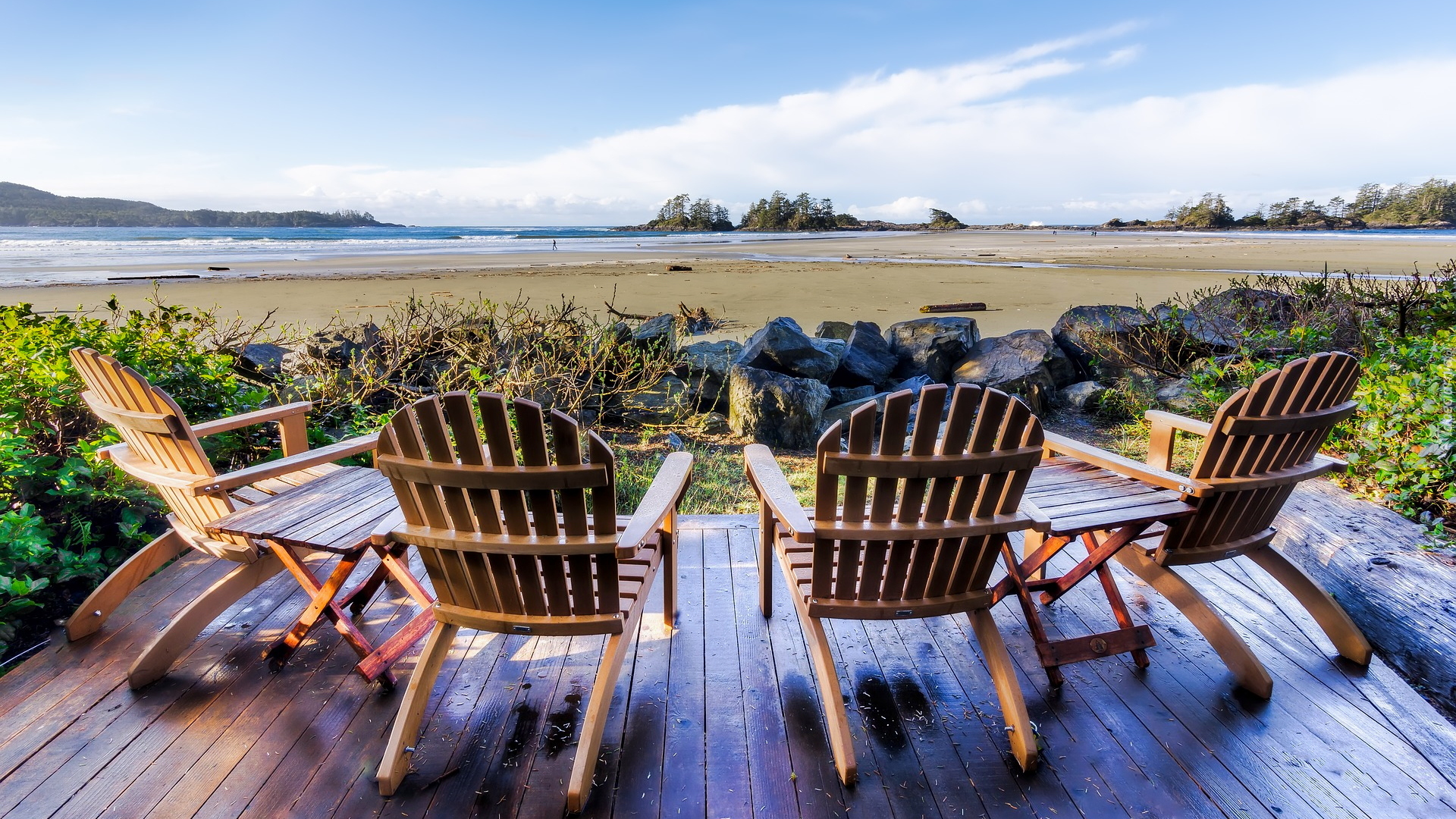 Plaża Chesterman Beach, Podest, Drewniane, Cztery, Krzesła, Kamienie, Tofino, Kolumbia Brytyjska, Kanada