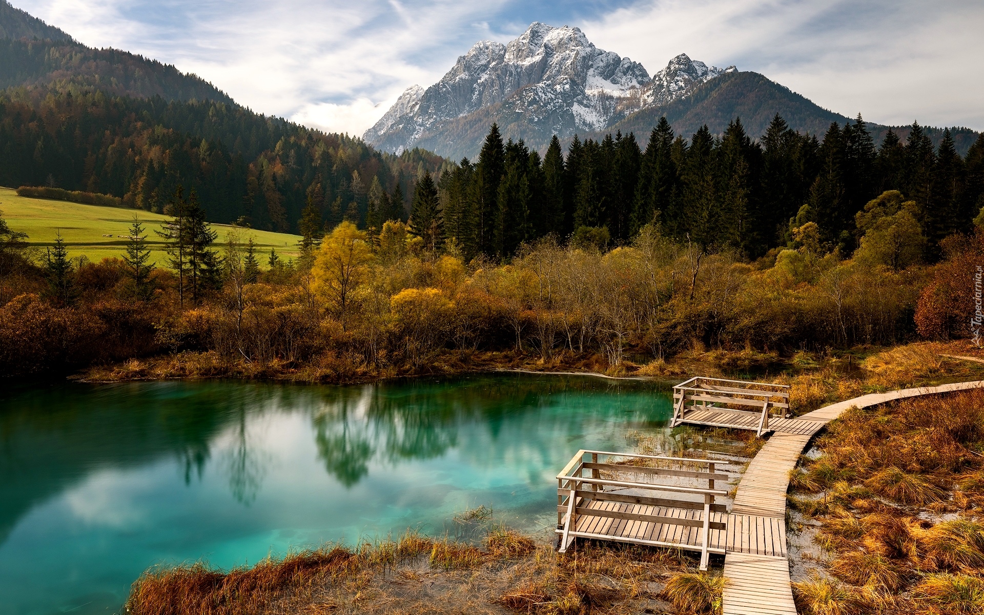 Słowenia, Kranjska Gora, Rezerwat przyrody Zelenci, Jezioro Zelenci, Góry, Lasy, Drewniany, Pomost, Jesień