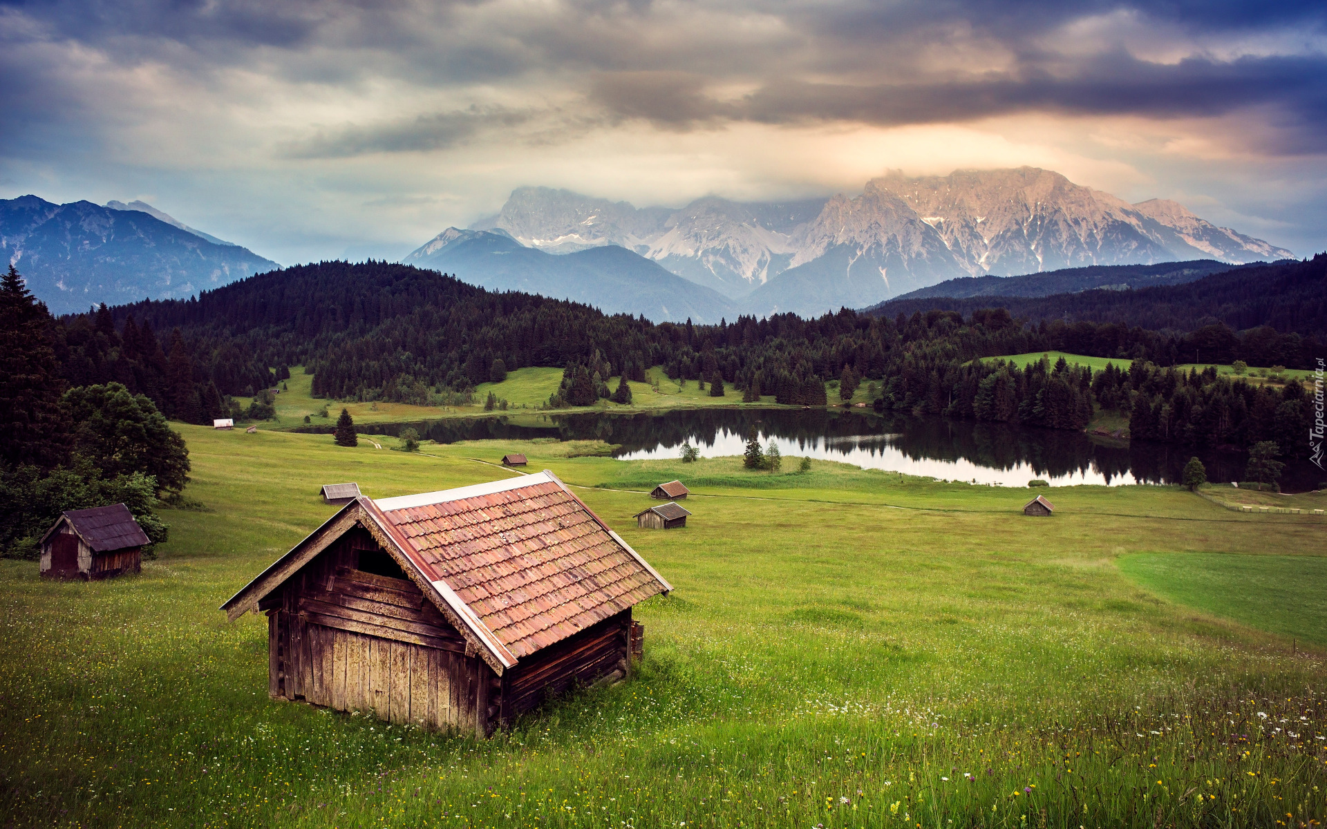 Łąka, Drewniane, Domki, Jezioro Geroldsee, Drzewa, Lasy, Góry, Alpy, Bawaria, Niemcy