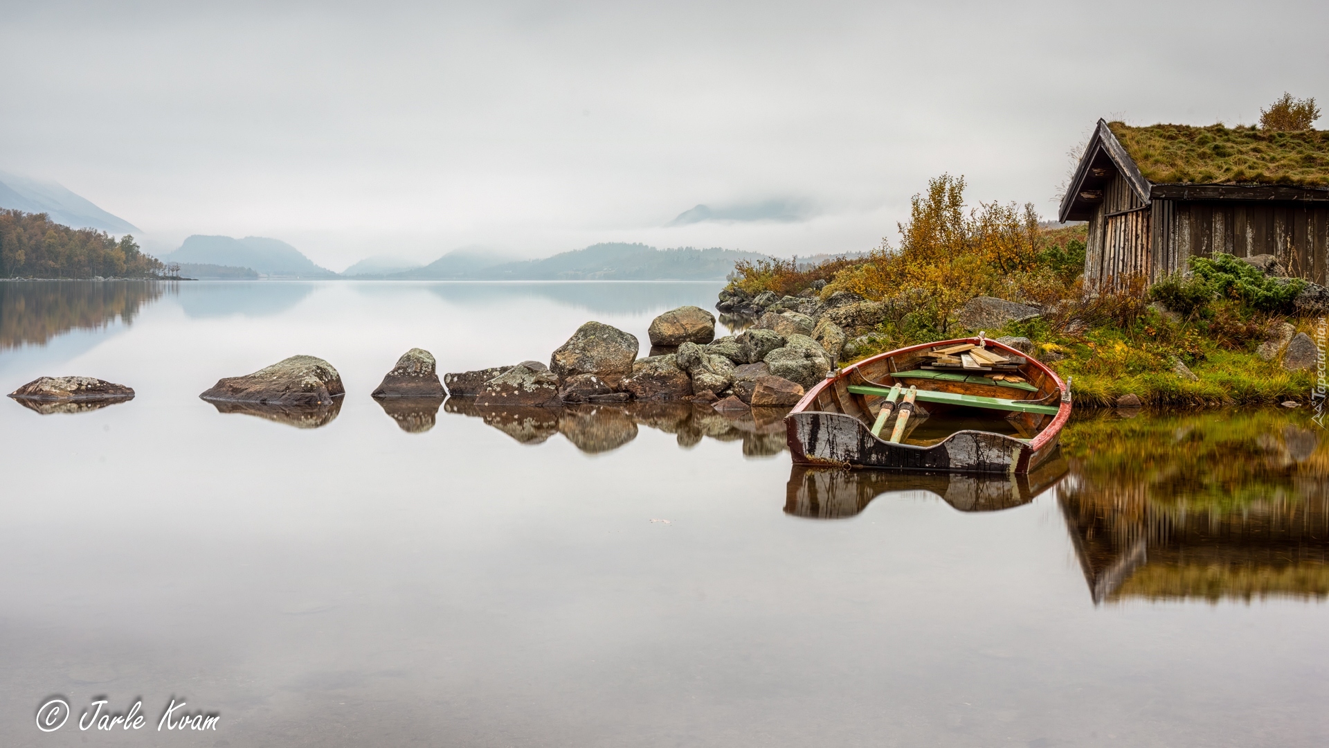 Łódka, Kamienie, Drewniany, Dom, Jezioro Mosvatnet, Skjolden, Norwegia