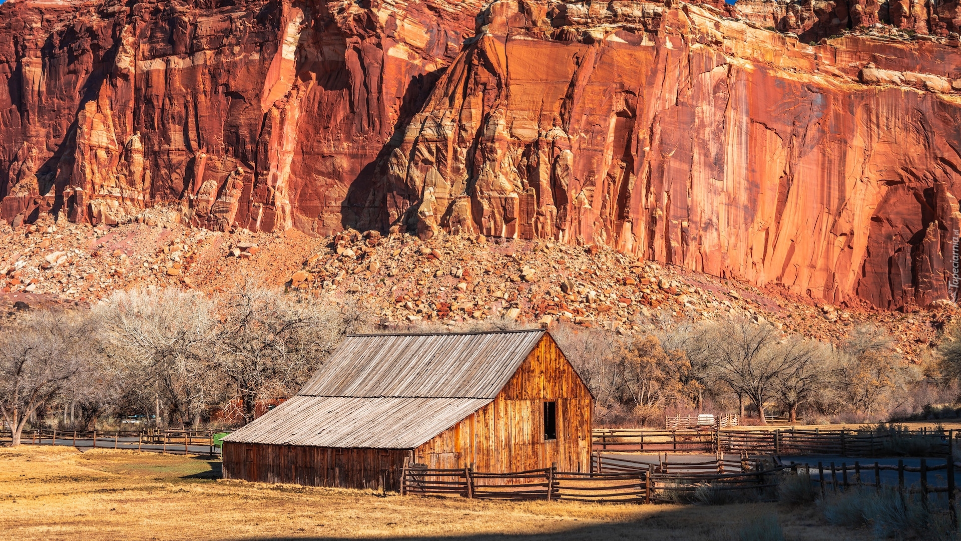 Park Narodowy Capitol Reef, Stan Utah, Stany Zjednoczone, Skały, Drzewa, Drewniany, Dom, Ogrodzenie