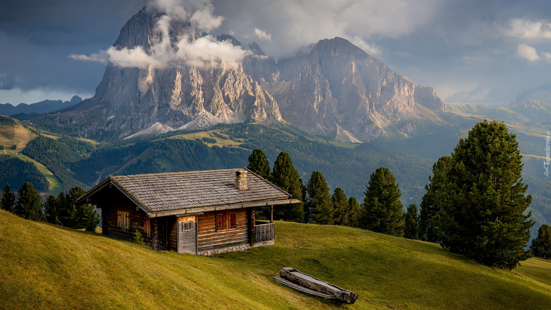 Góry, Dolomity, Dolina, Val Gardena, Drewniany, Dom, Drzewa, Gmina Santa Cristina Gherdeina, Włochy