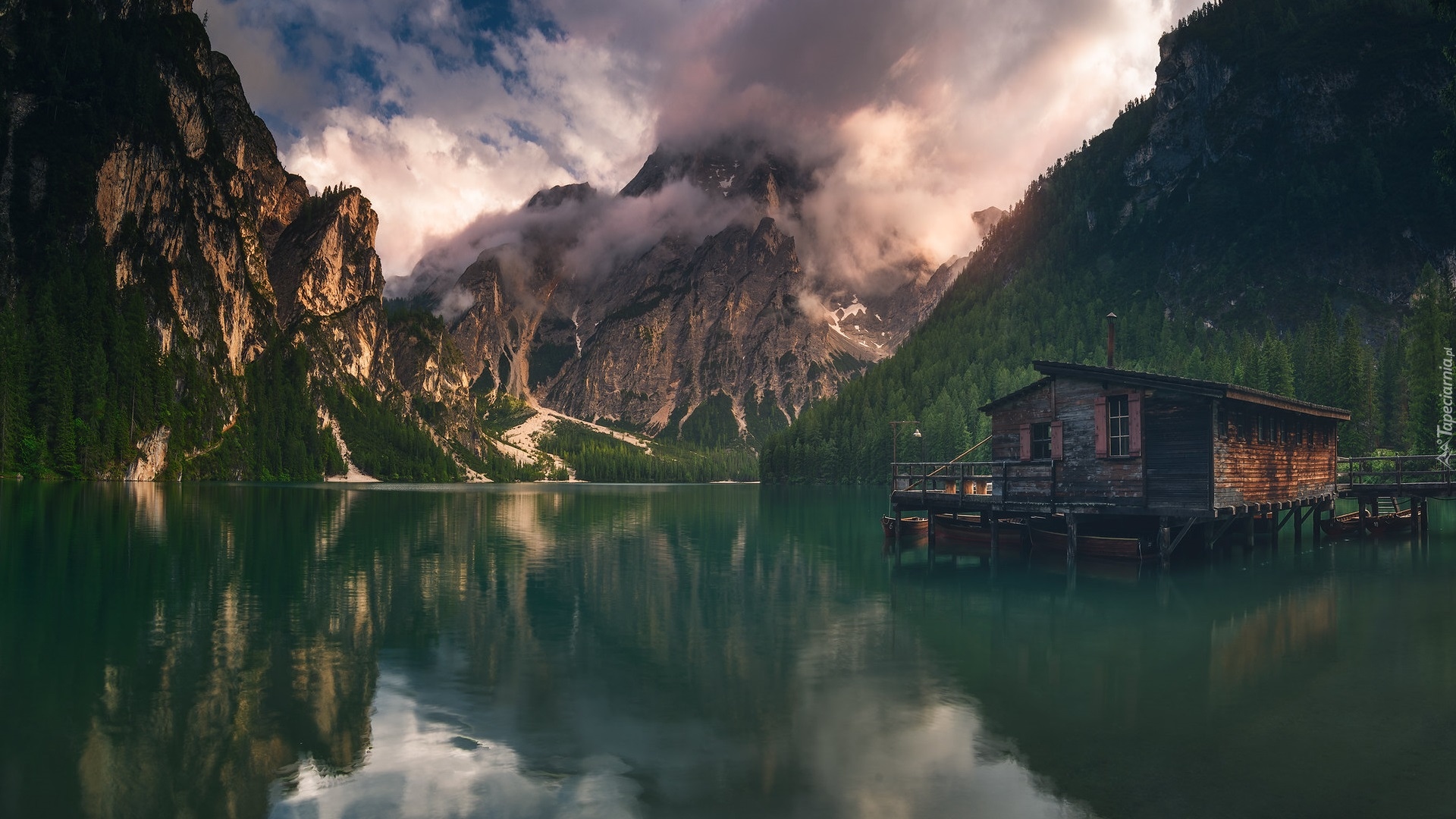 Góry, Jezioro, Pragser Wildsee Chmury, Domek, Odbicie, Włochy