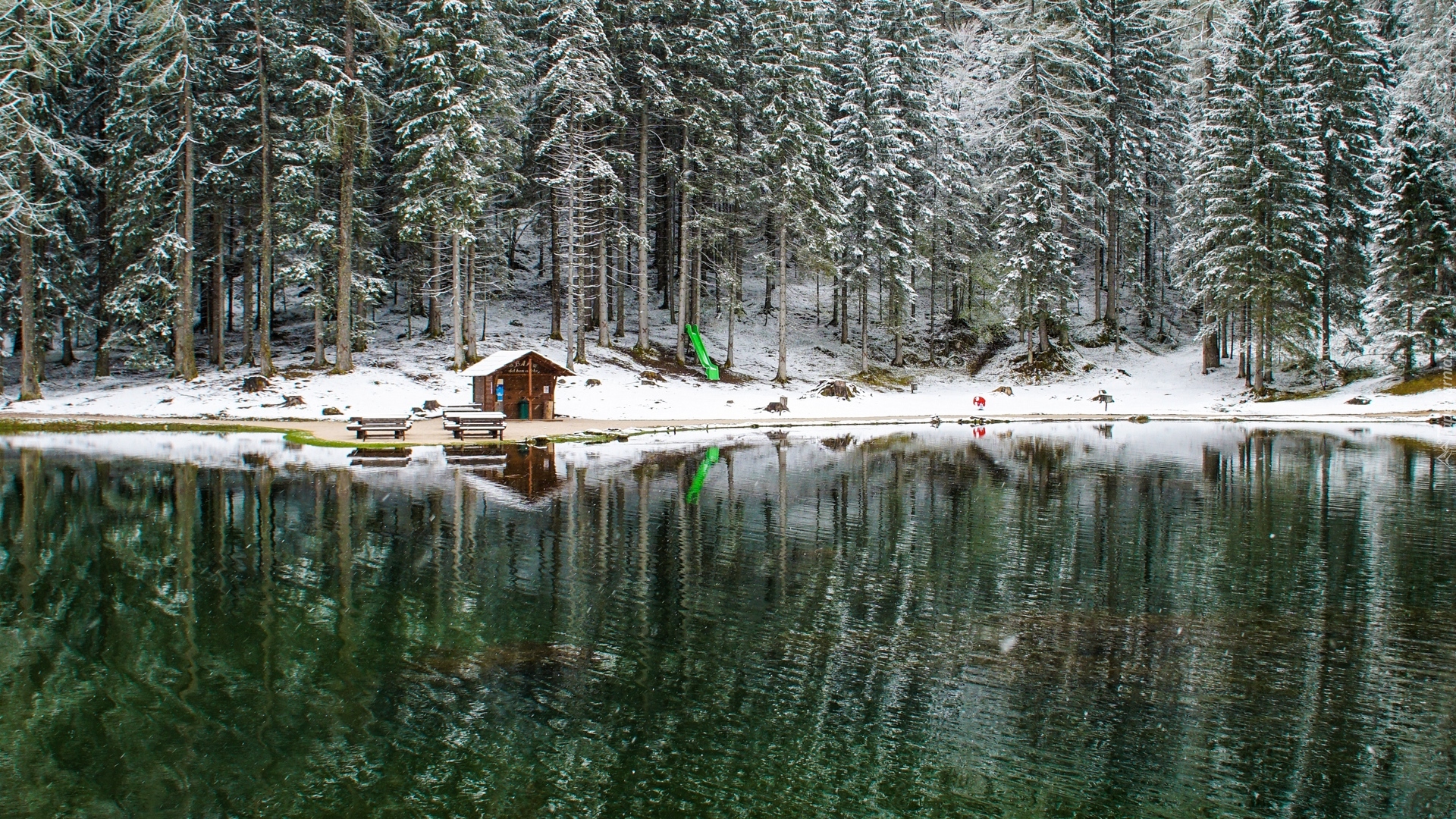 Zima, Las, Jezioro, Śnieg, Domek
