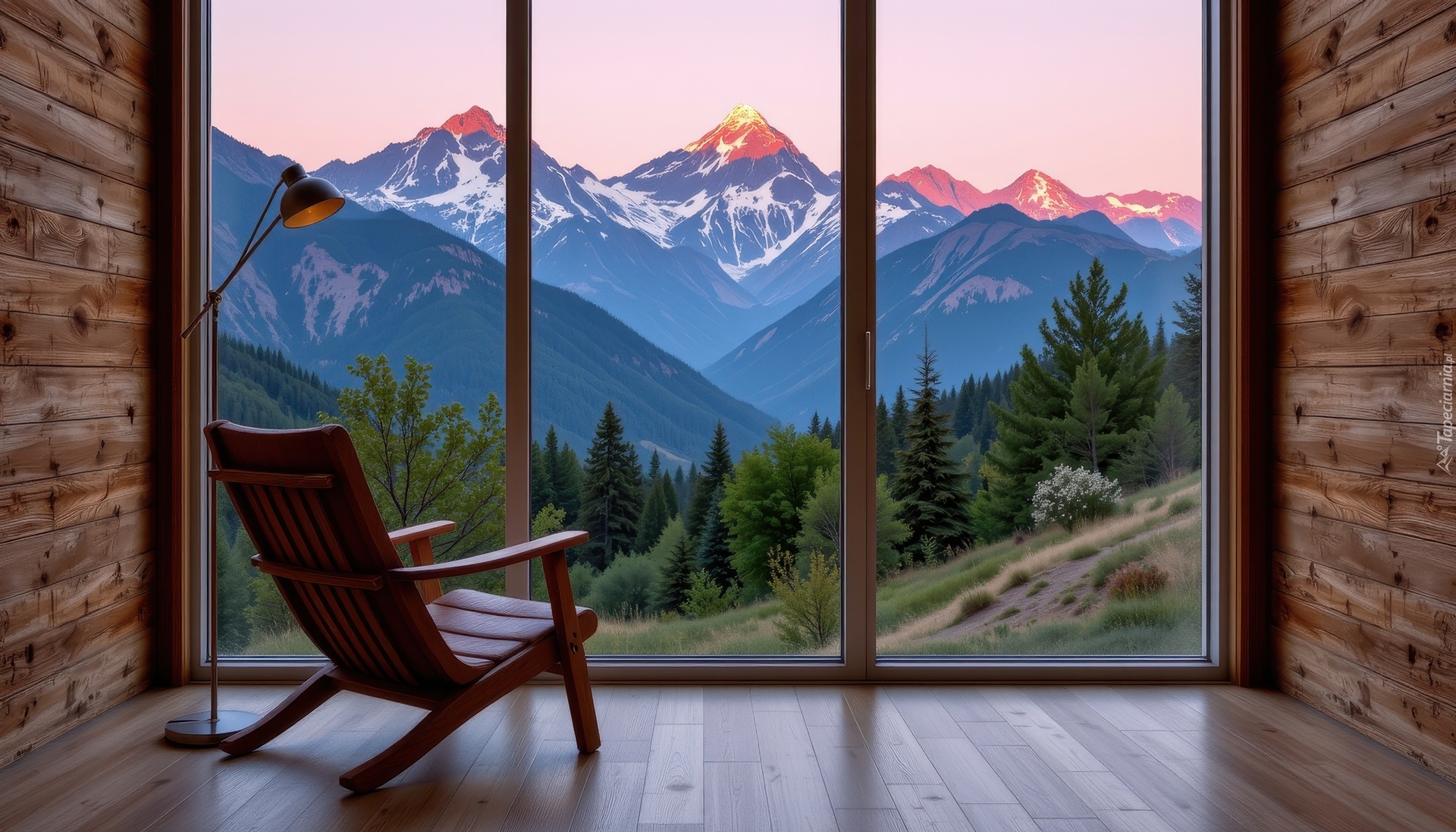 Pokój, Fotel, Okno, Drzewa, Góry, Grafika AI