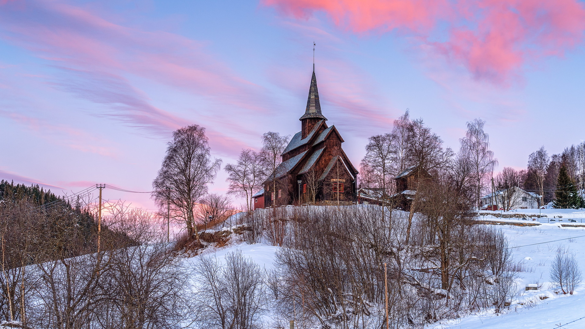 Drewniany, Kościół, Hore Stave Church, Drzewa, Zima, Ryfoss, Gmina Vang, Norwegia