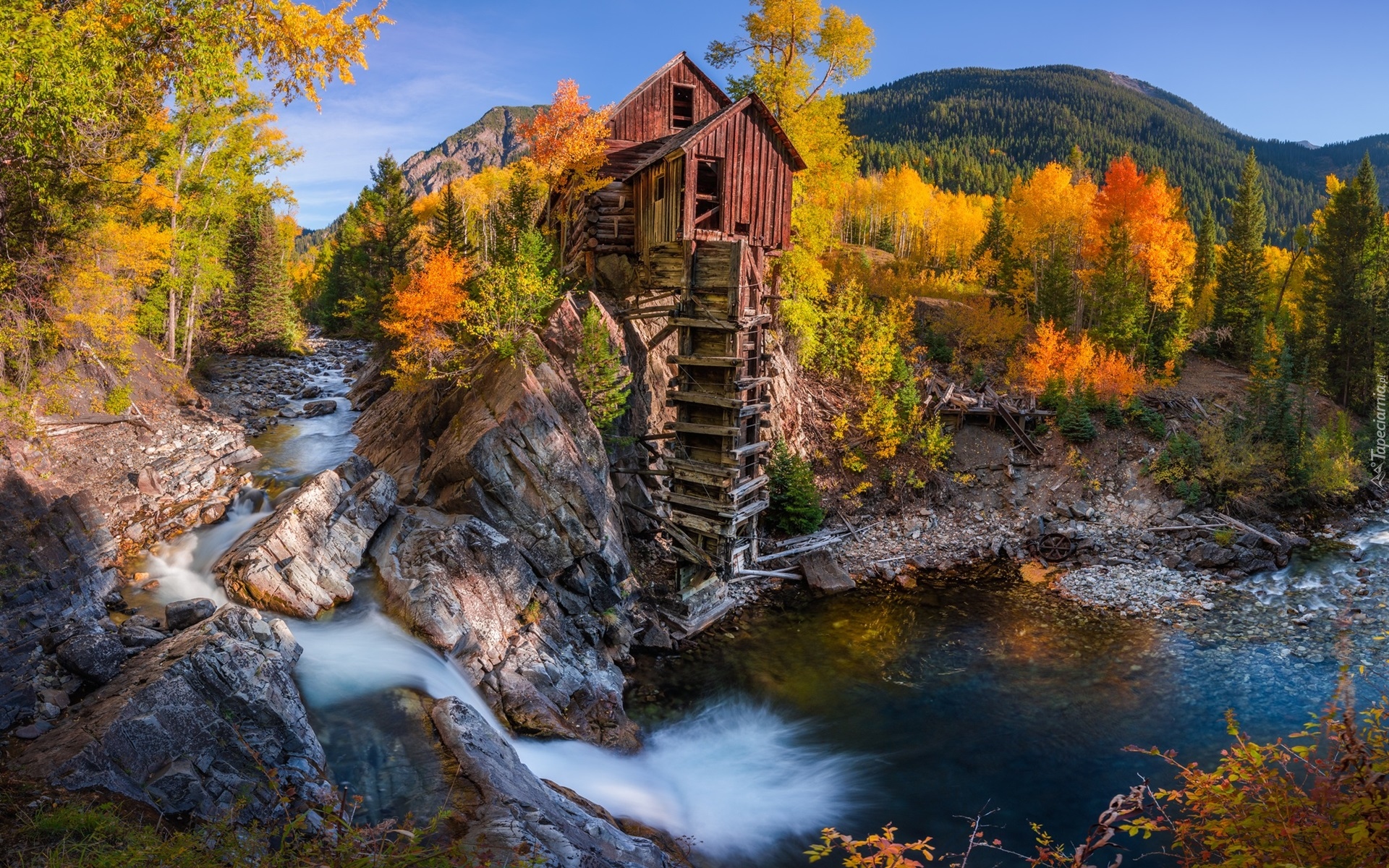 Stany Zjednoczone, Kolorado, Młyn, Crystal Mill, Jesień, Drzewa, Rzeka