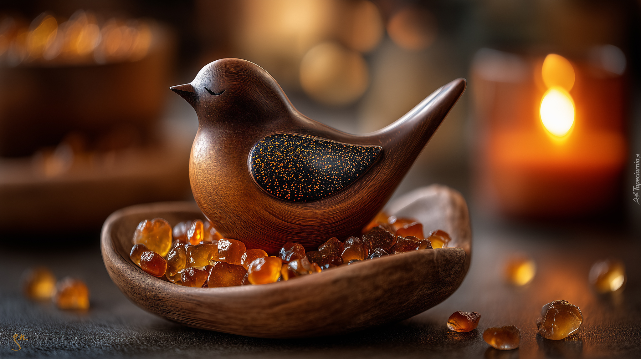 Drewniany, Ptak, Miska, Kamienie, Dekoracja, Grafika AI