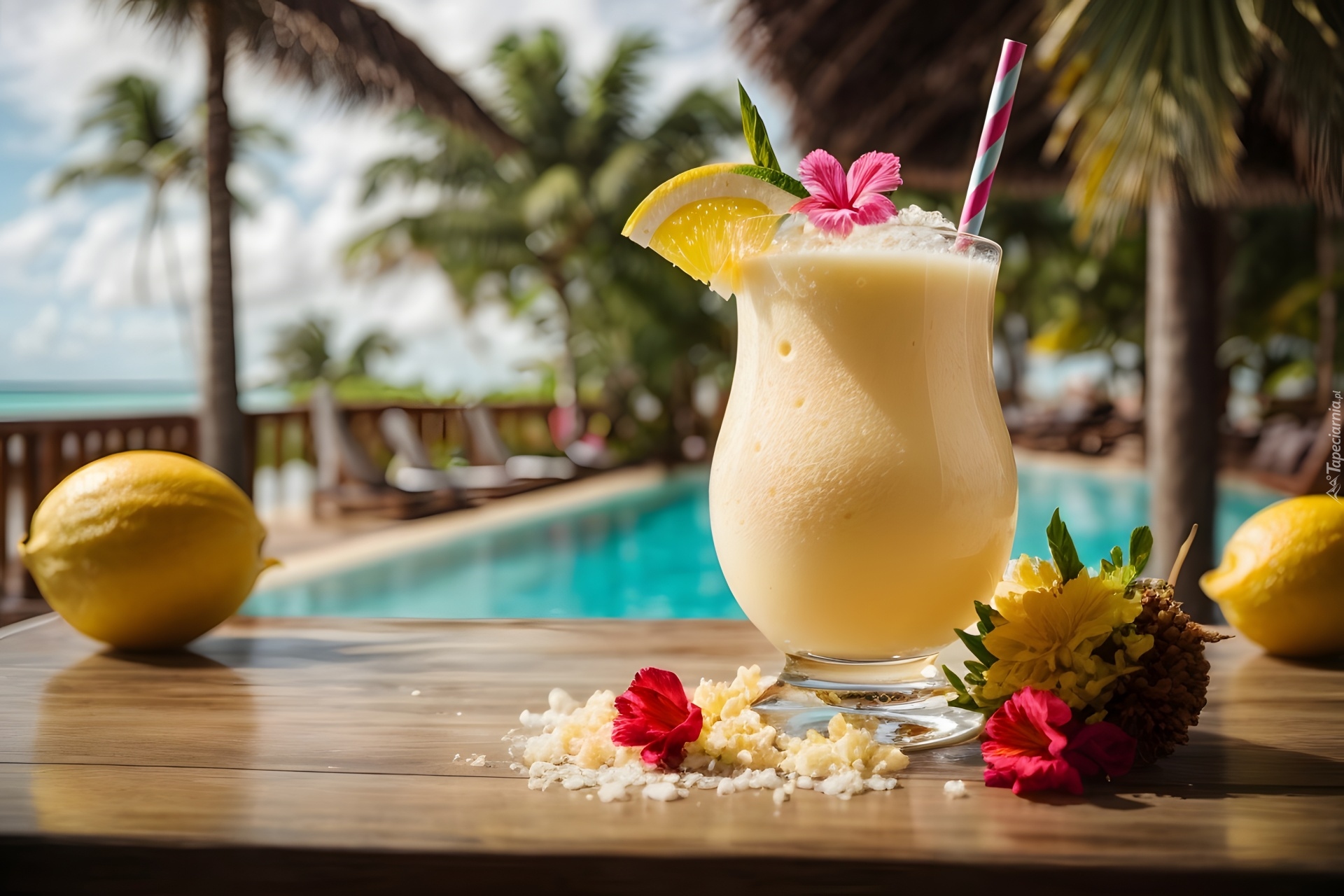 Pina Colada, Drink, Owoce, Kwiaty, Tropiki, Grafika