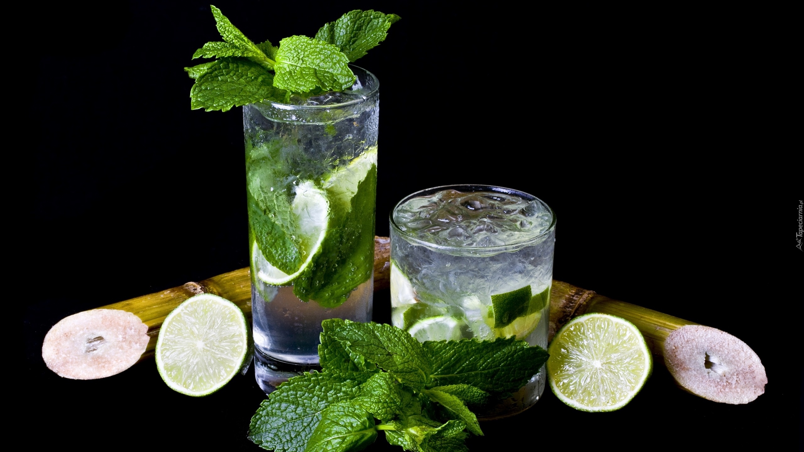 Drink, Mojito, Szklanki, Mięta, Limonka, Lód, Ciemne, Tło