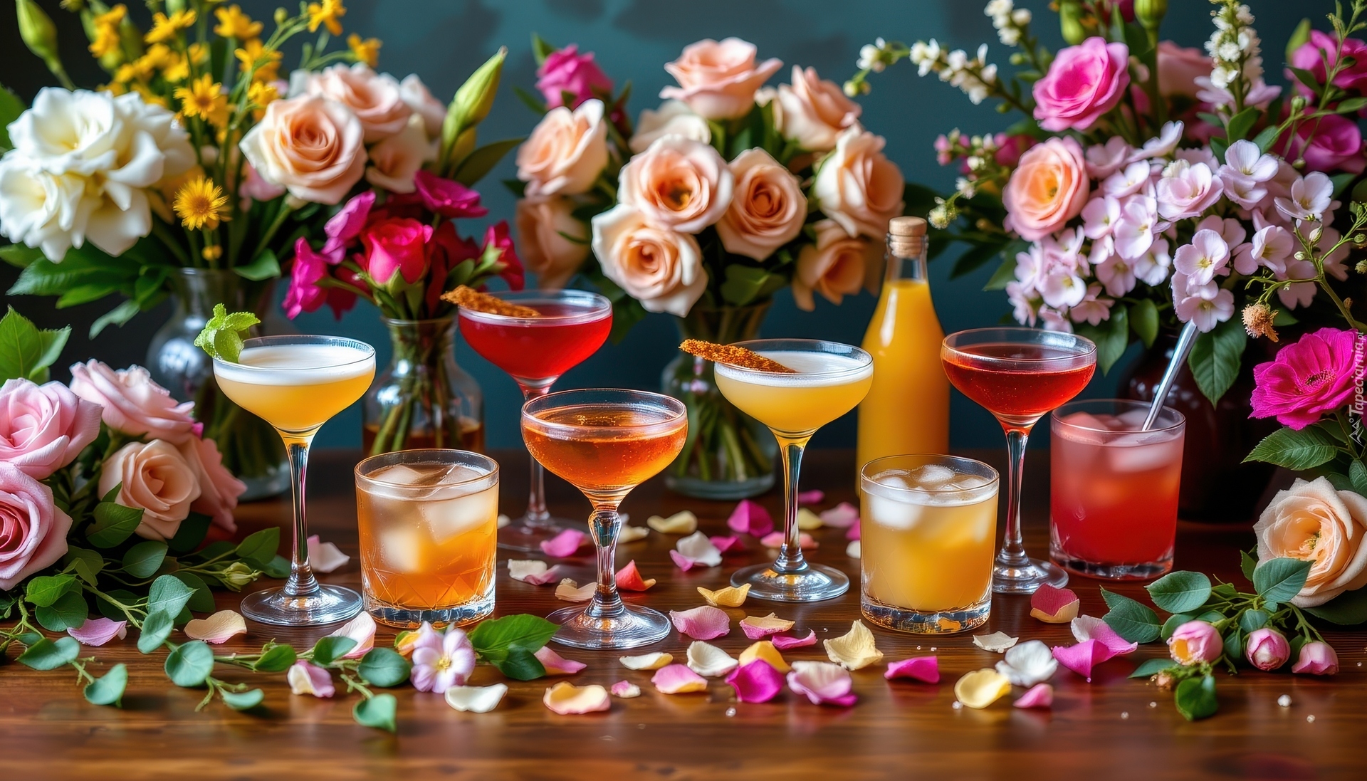 Drinki, Szklanki, Lód, Kieliszki, Kwiaty, Stół