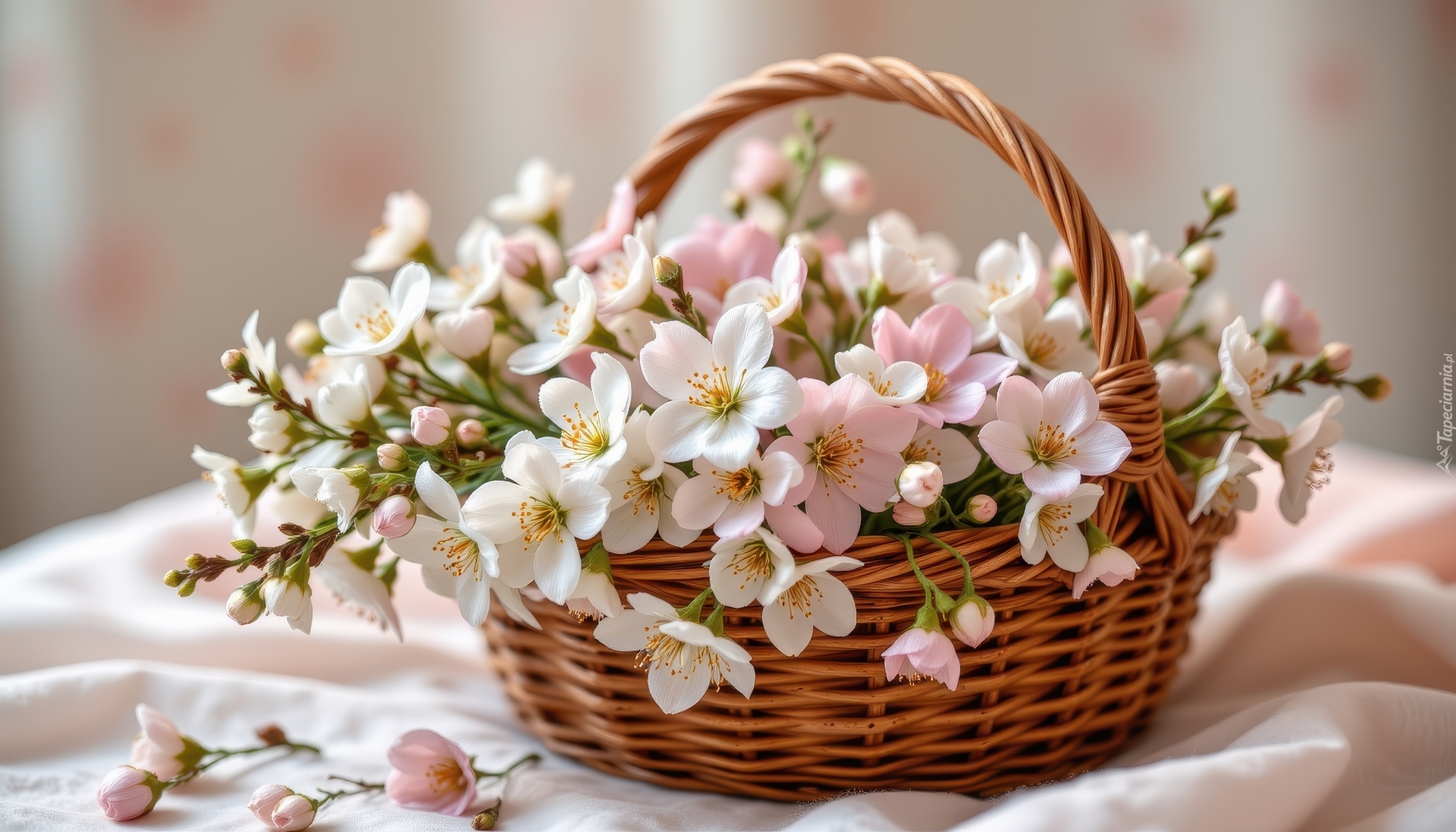 Białe, Różowe, Kwiaty, Wiklinowy, Koszyk