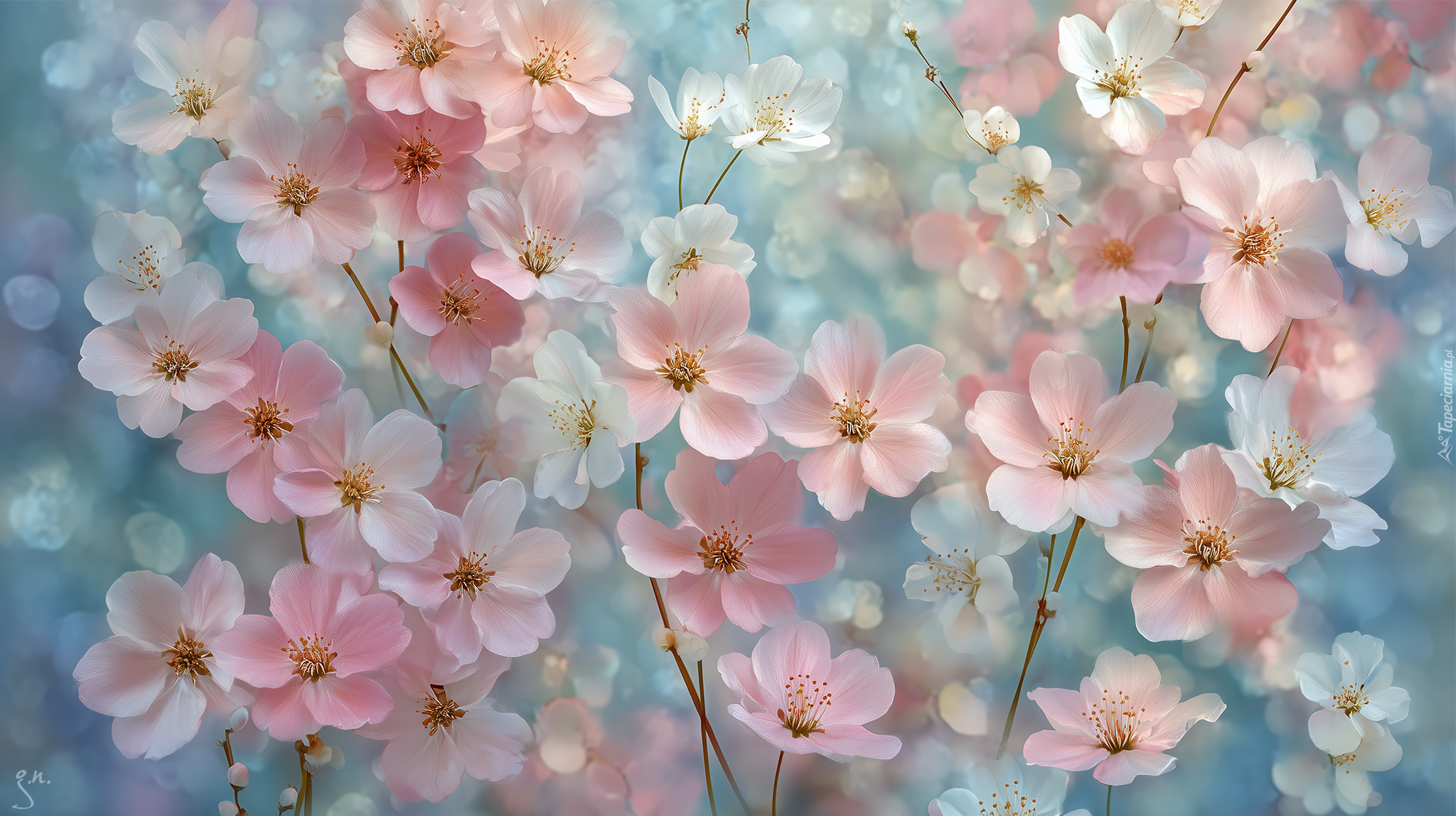 Drobne, Różowe, Białe, Kwiaty, Grafika AI