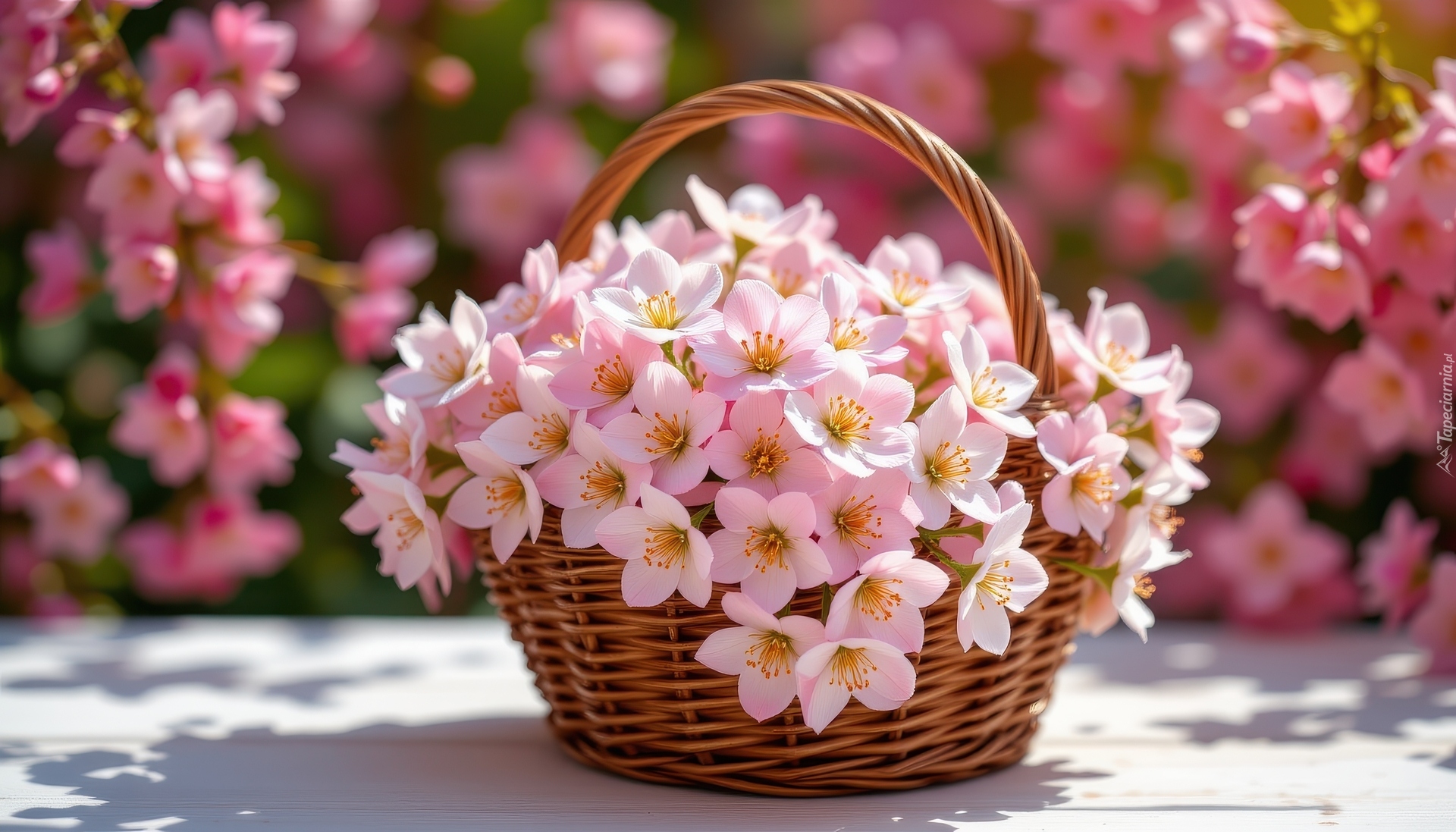 Różowe, Kwiaty, Mały, Wiklinowy, Koszyk