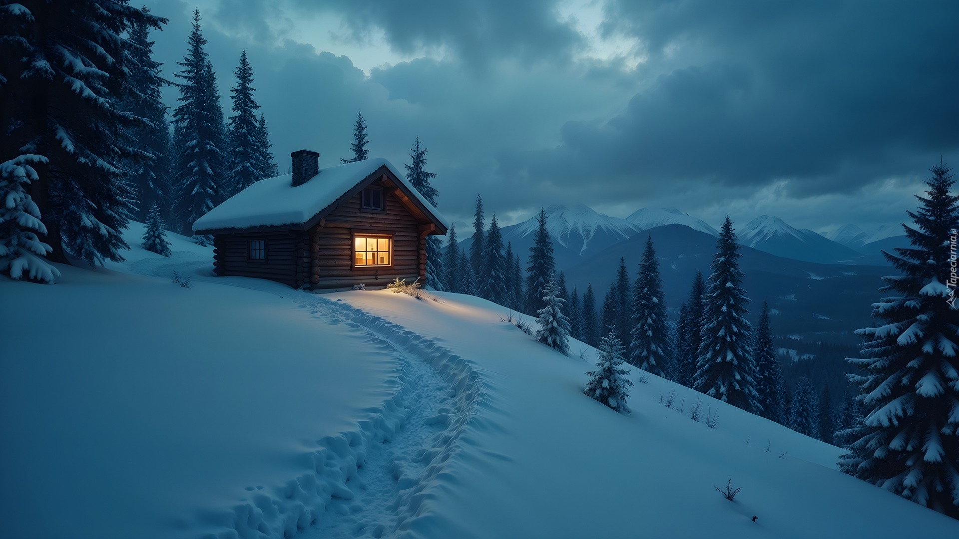 Zima, Drzewa, Dom, Śnieg, Droga, Góry, Chmury