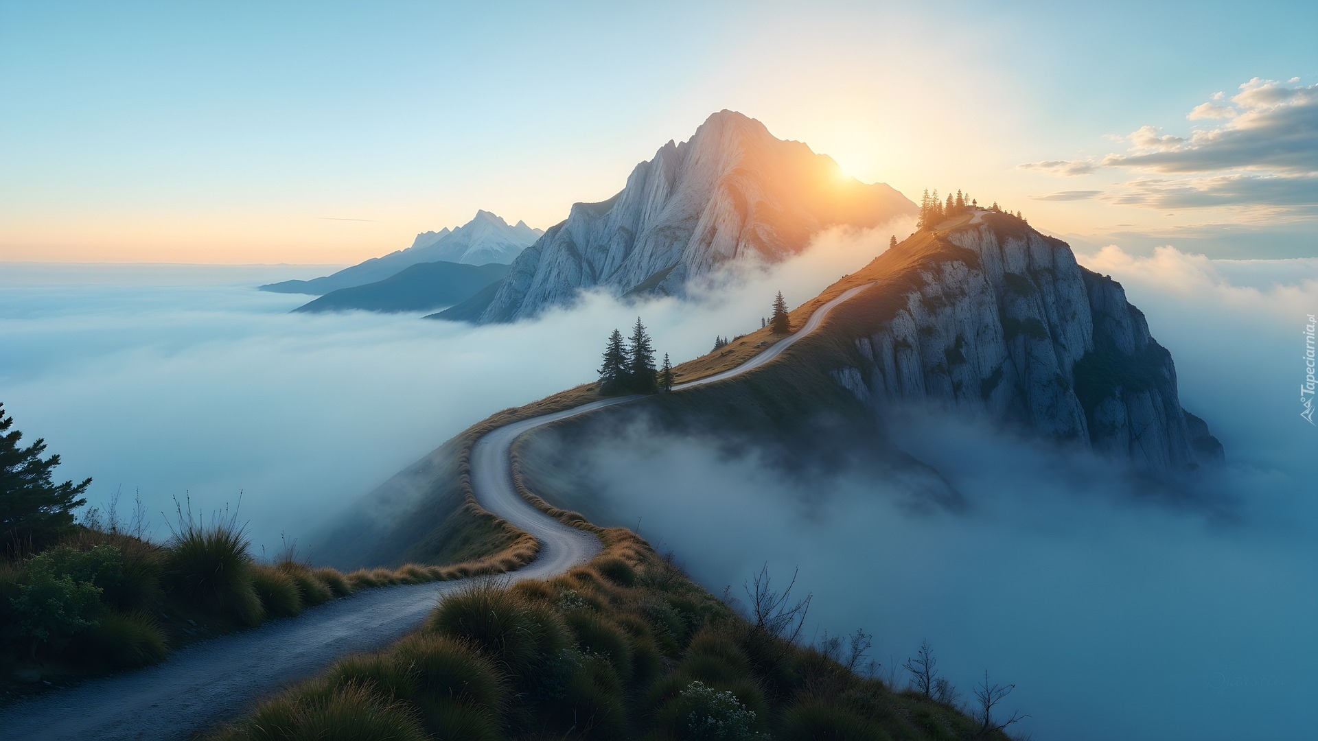 Góry, Mgła, Droga, Wschód Słońca