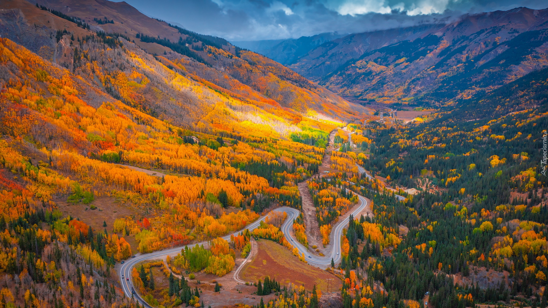 Jesień, Góry, Lasy, Droga, Million Dollar Highway US 550, Ouray, Kolorado, Stany Zjednoczone