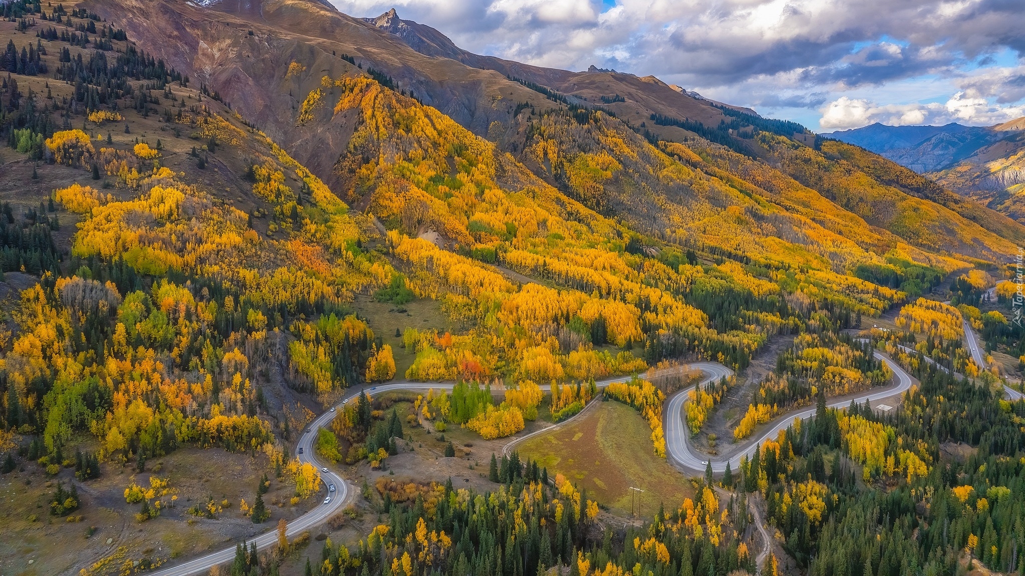 Góry, Lasy, Jesień, Droga, Million Dollar Highway US 550, Ouray, Kolorado, Stany Zjednoczone