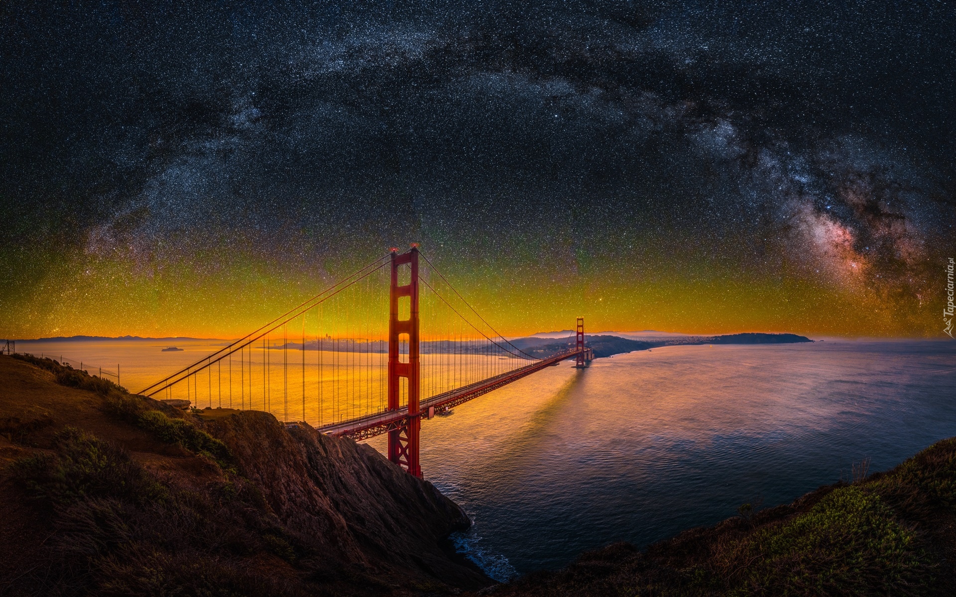 Stany Zjednoczone, Stan Kalifornia, Skały, Most, Golden Gate Bridge, Cieśnina Golden Gate, Noc, Gwiazdy, Droga Mleczna
