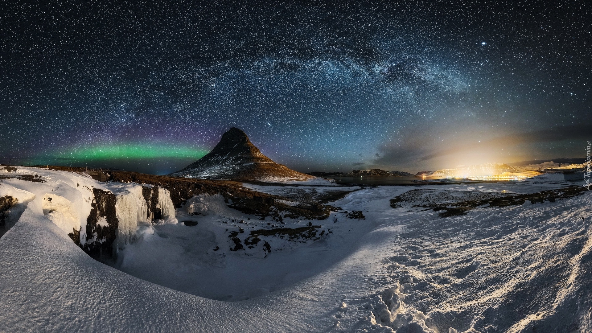 Gwiazdy, Niebo, Zima, Noc, Góra Kirkjufell, Droga Mleczna, Islandia