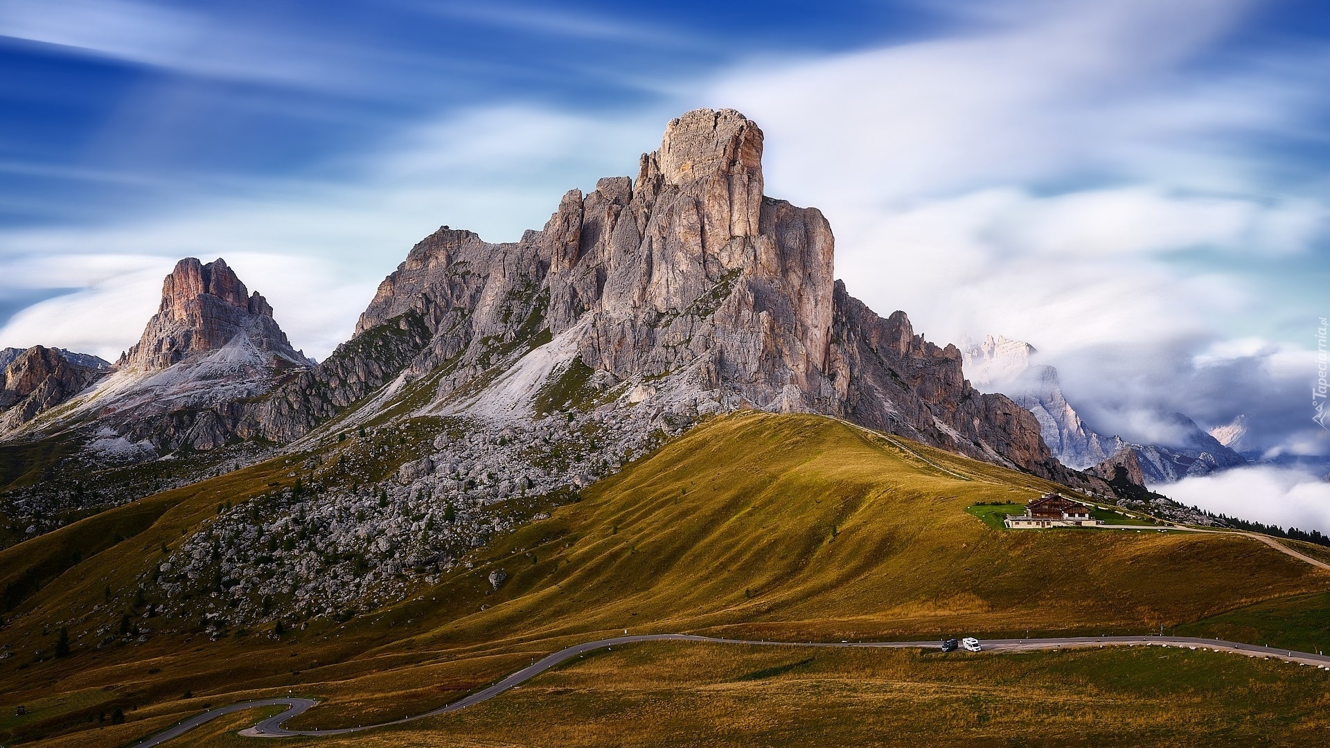 Góry, Dolomity, Droga, Skały, Schronisko, Przełęcz, Passo Giau, Włochy