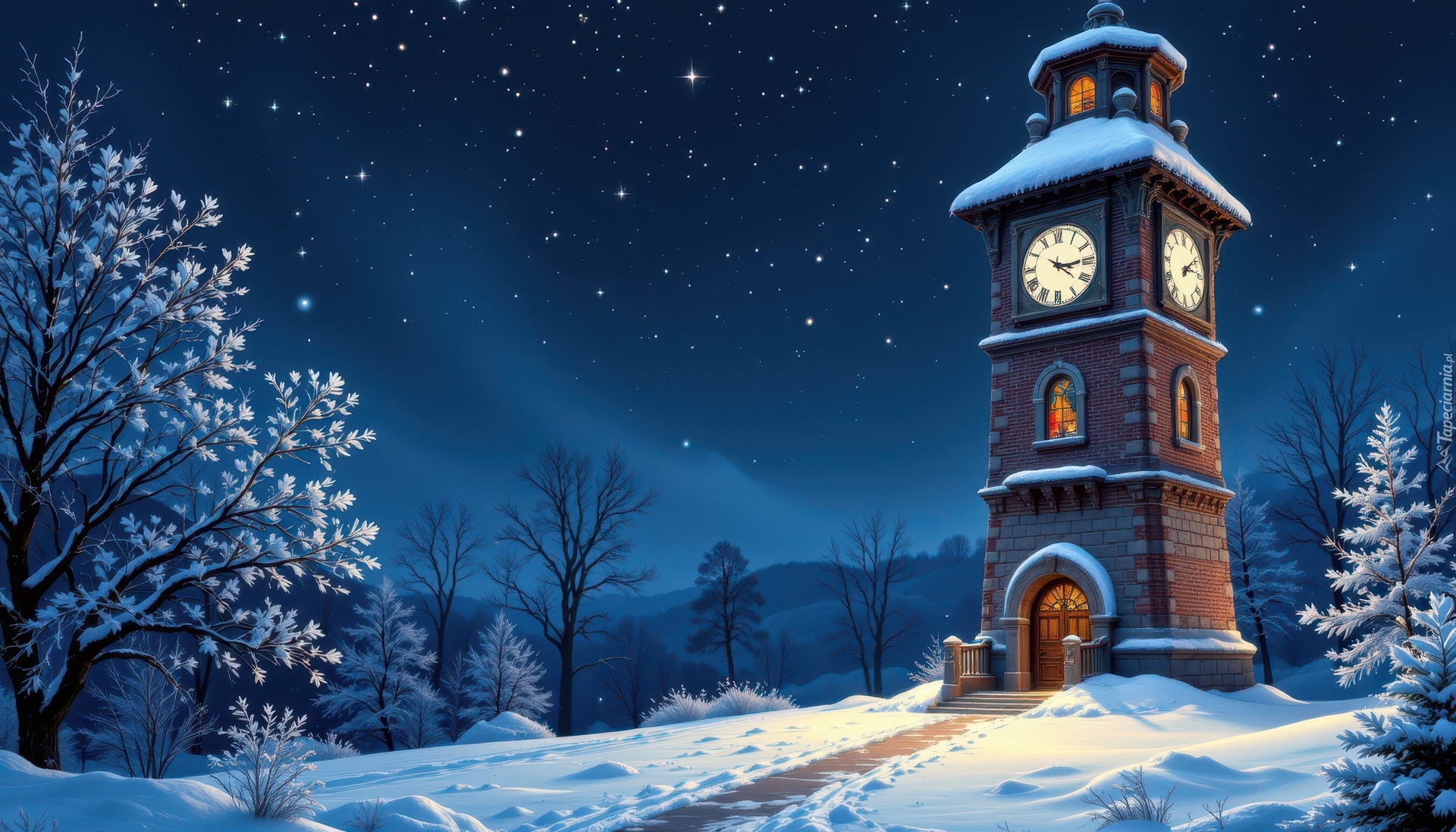 Zima, Drzewa, Wieża, Droga, Zegar, Noc