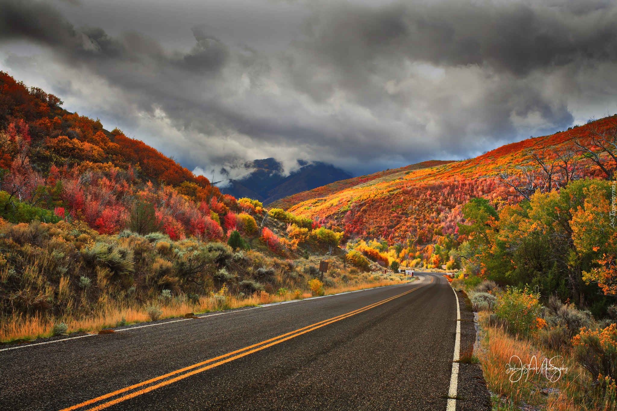 Stany Zjednoczone, Utah, Droga, Loop Road, Góra, Nebo, Chmury, Las, Kolorowe, Drzewa, Jesień