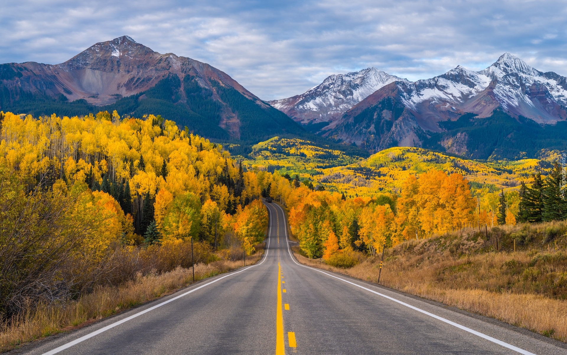 Stany Zjednoczone, Kolorado, Telluride, Góry, San Juan Mountains, Drzewa, Jesień, Droga