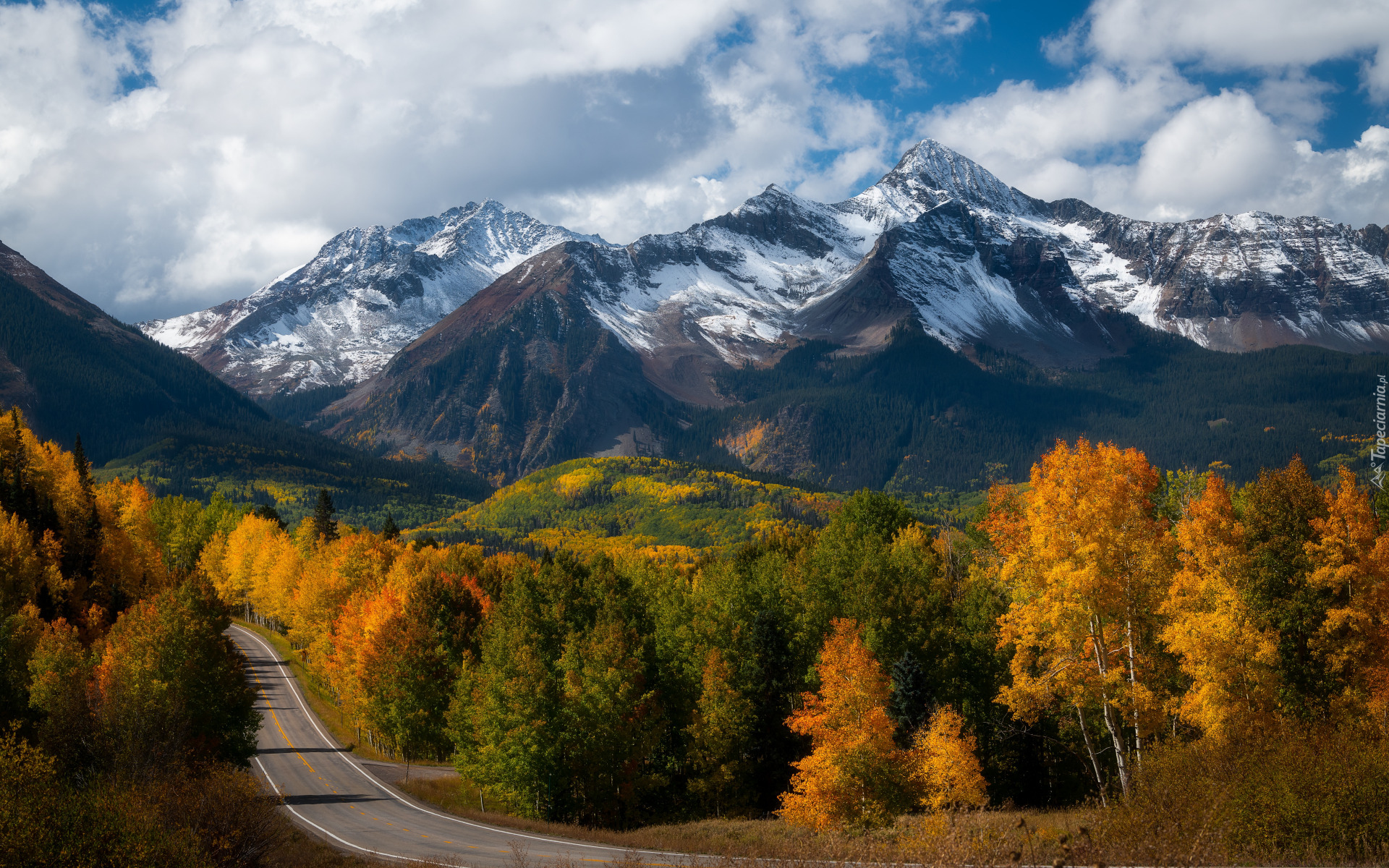 Stany Zjednoczone, Kolorado, Mount Wilson, San Juan Mountains, Jesień, Góry, Las, Droga, Drzewa, Chmury