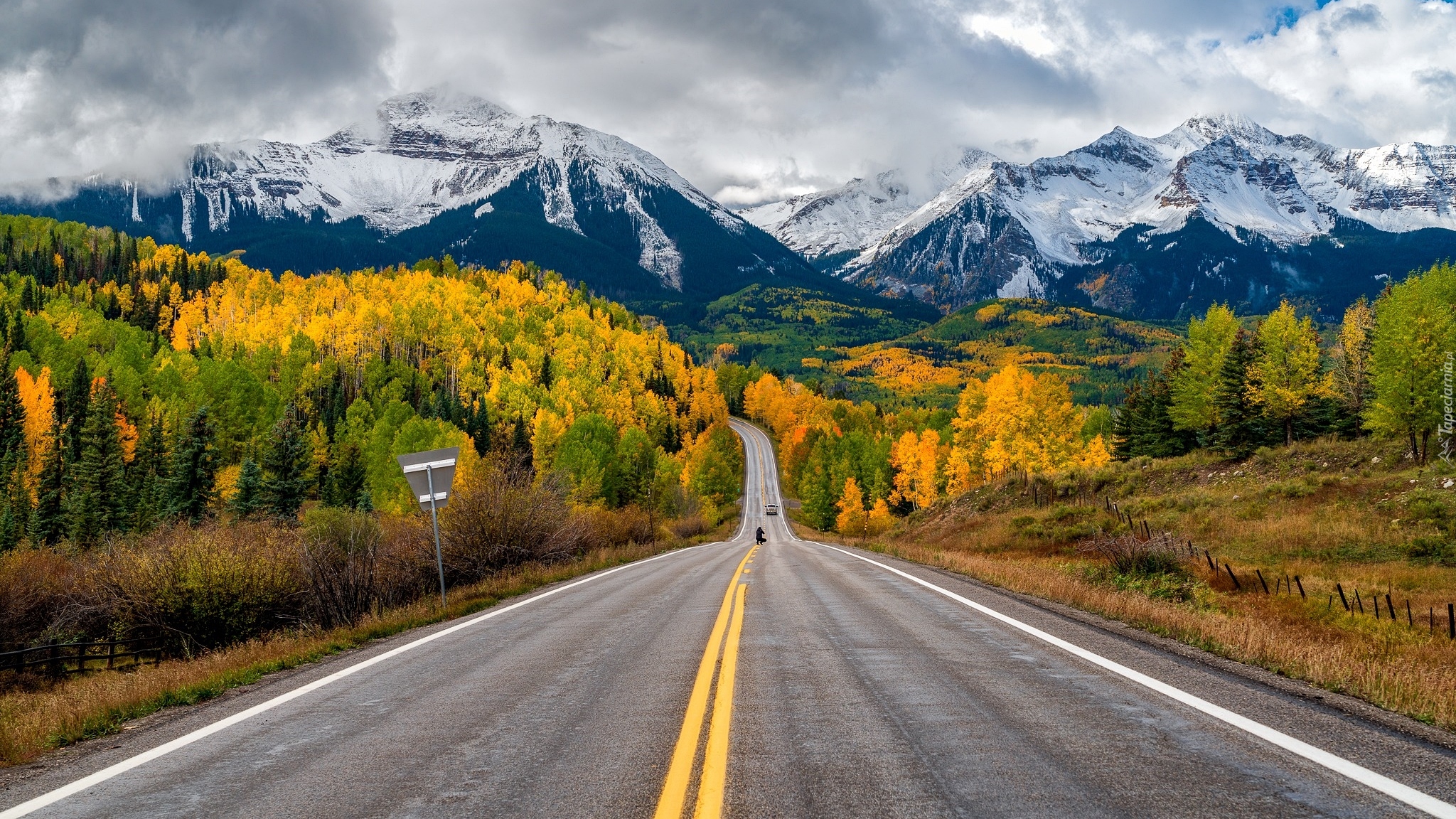 Stany Zjednoczone, Kolorado, Telluride, Szczyty, Góry, San Juan Mountains, Drzewa, Jesień, Droga