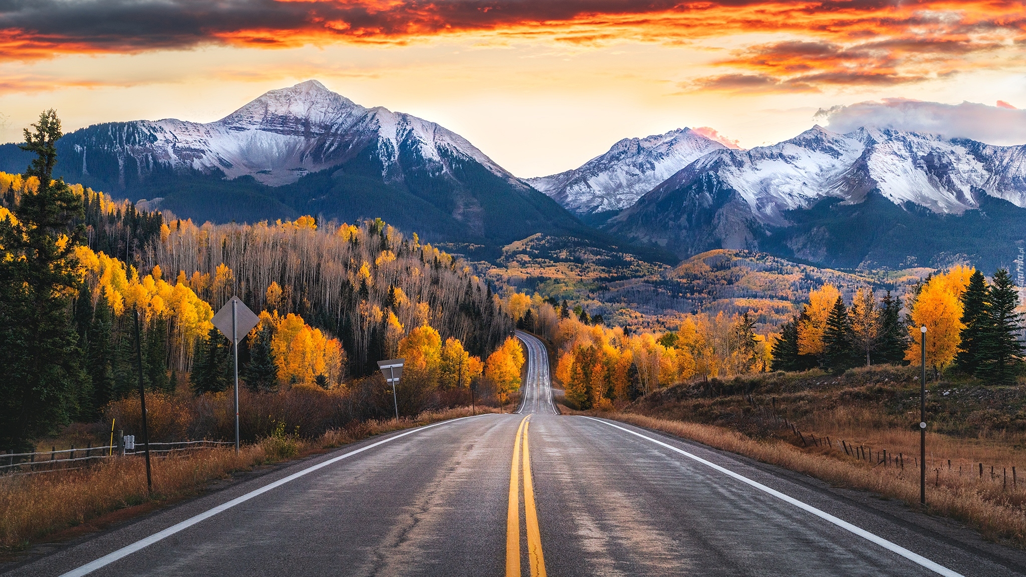 Stany Zjednoczone, Kolorado, Telluride, Szczyty, Góry, San Juan Mountains, Drzewa, Droga, Jesień