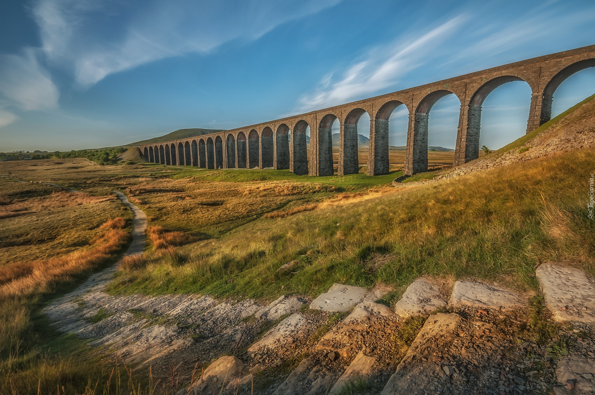 Anglia, Yorkshire, Wiadukt kolejowy Ribblehead, Most, Kamienie, Dróżka, Trawa