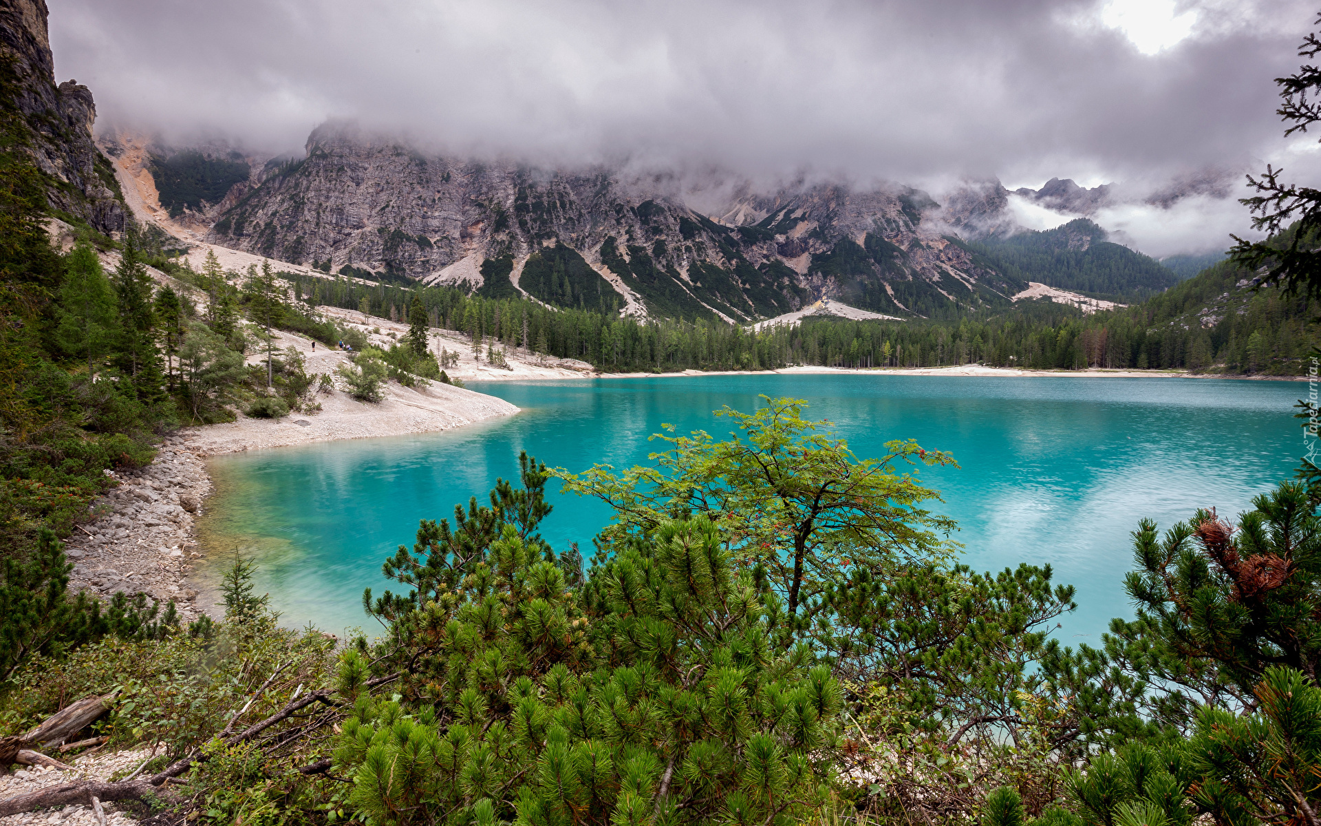 Włochy, Góry, Alpy, Jezioro, Lago di Braies, Drzewa, Chmury