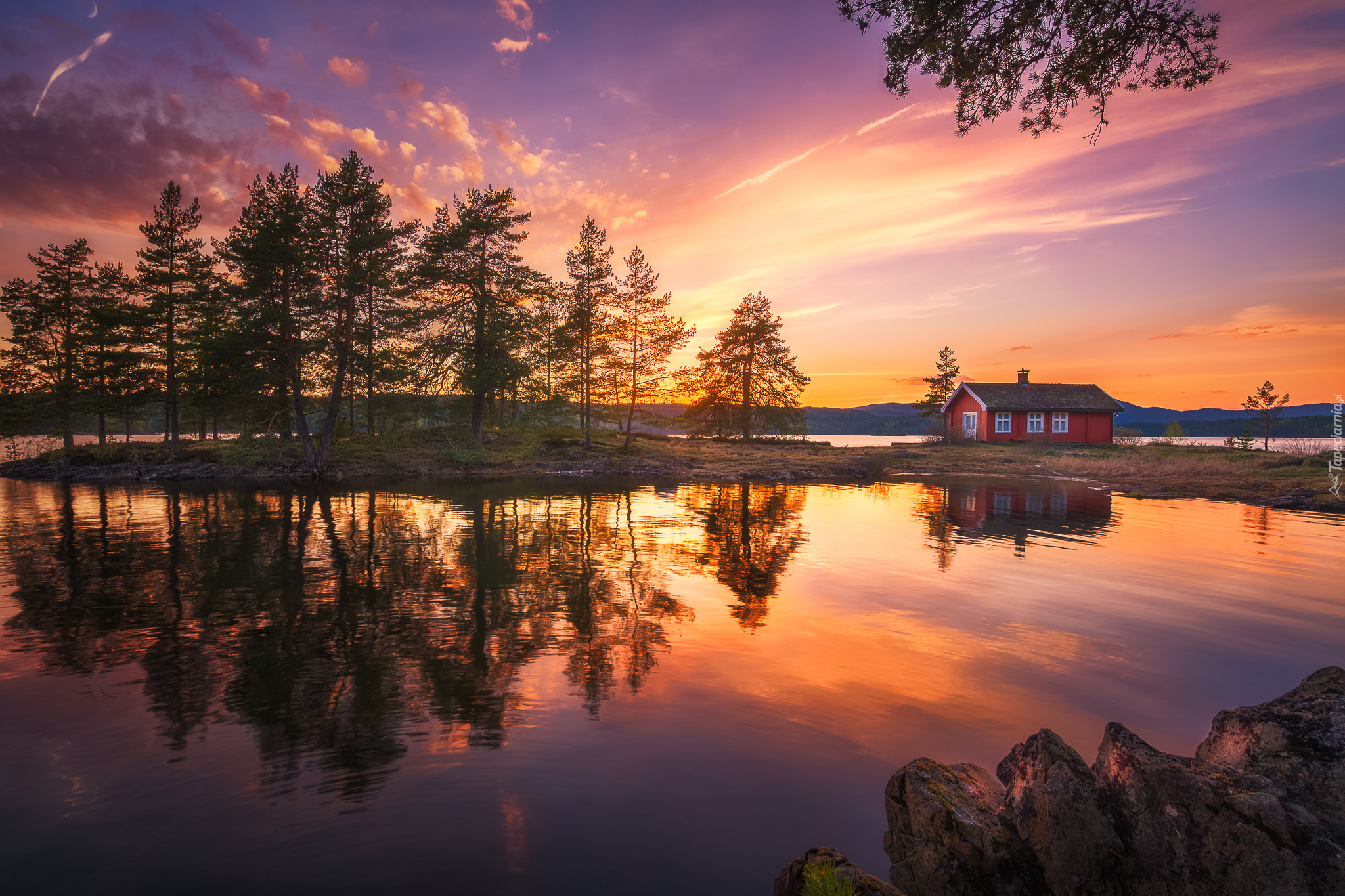 Norwegia, Ringerike, Jezioro Vaeleren, Drzewa, Zachód słońca