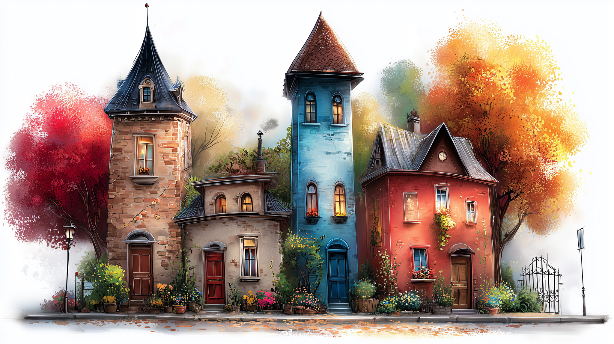 Kolorowe, Domy, Kwiaty, Drzewa, Grafika AI